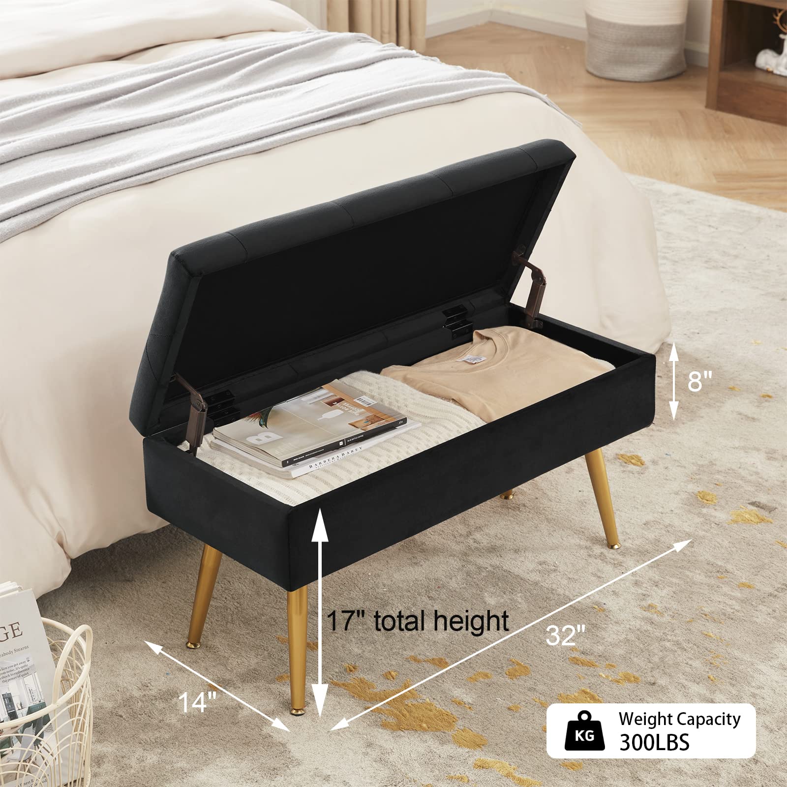 Modern Velvet Upholstered Storage Bench with Golden Legs - 32