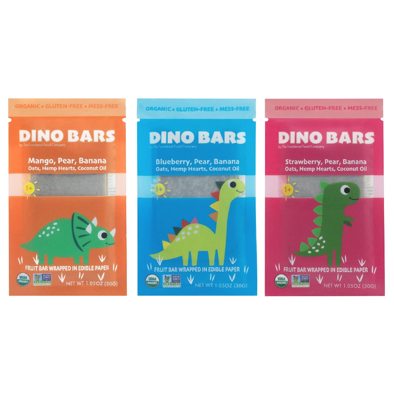 Organic Dino Bars for Kids - Healthy Fruit & Oats Snacks with Hemp Hearts & Coconut Oil | Blueberry, Strawberry & Mango Flavors | Edible Paper Wrapped Toddler Snacks | Variety Pack of 30 | Perfect for Lunchboxes, School Snacks & On-the-Go Nutrition | Ages 1+
