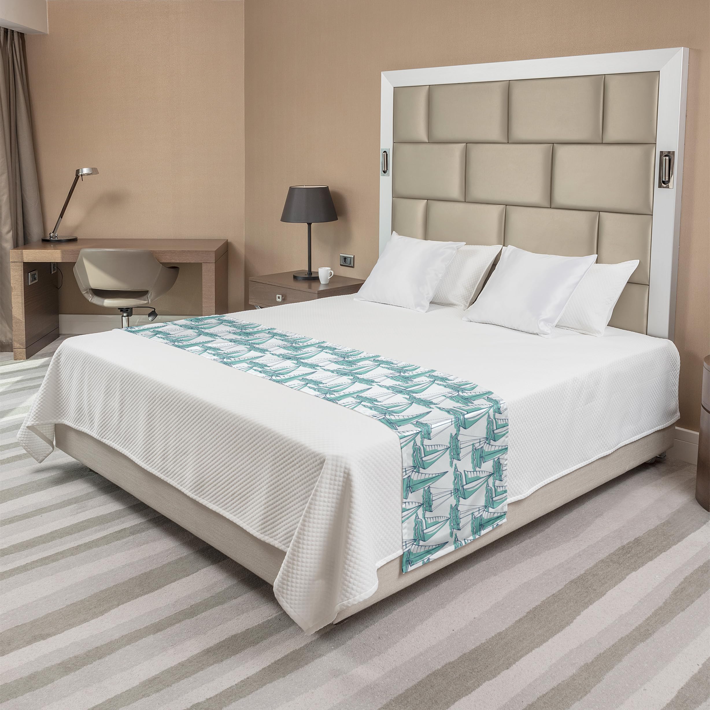 Ambesonne Nautical Bed Runner - Sailboat Sketch Design on Sea Waves, Decorative Bed Scarf for Home, Hotel & Guest Room - Seafoam & Dark Sky Blue | Perfect for Coastal, Beach House & Marine Themed Bedrooms