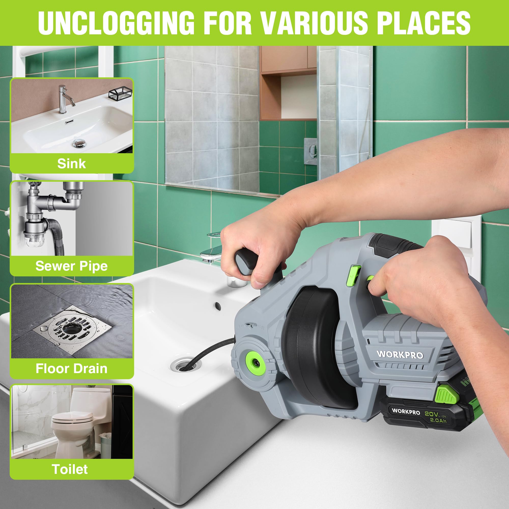 WORKPRO 20V Cordless Drain Auger Snake Kit - 25Ft Heavy Duty Plumbing Snake with 2.0AH Battery & Charger for Clogged Toilet, Shower, Sink, Sewer Line (Fits 3/4