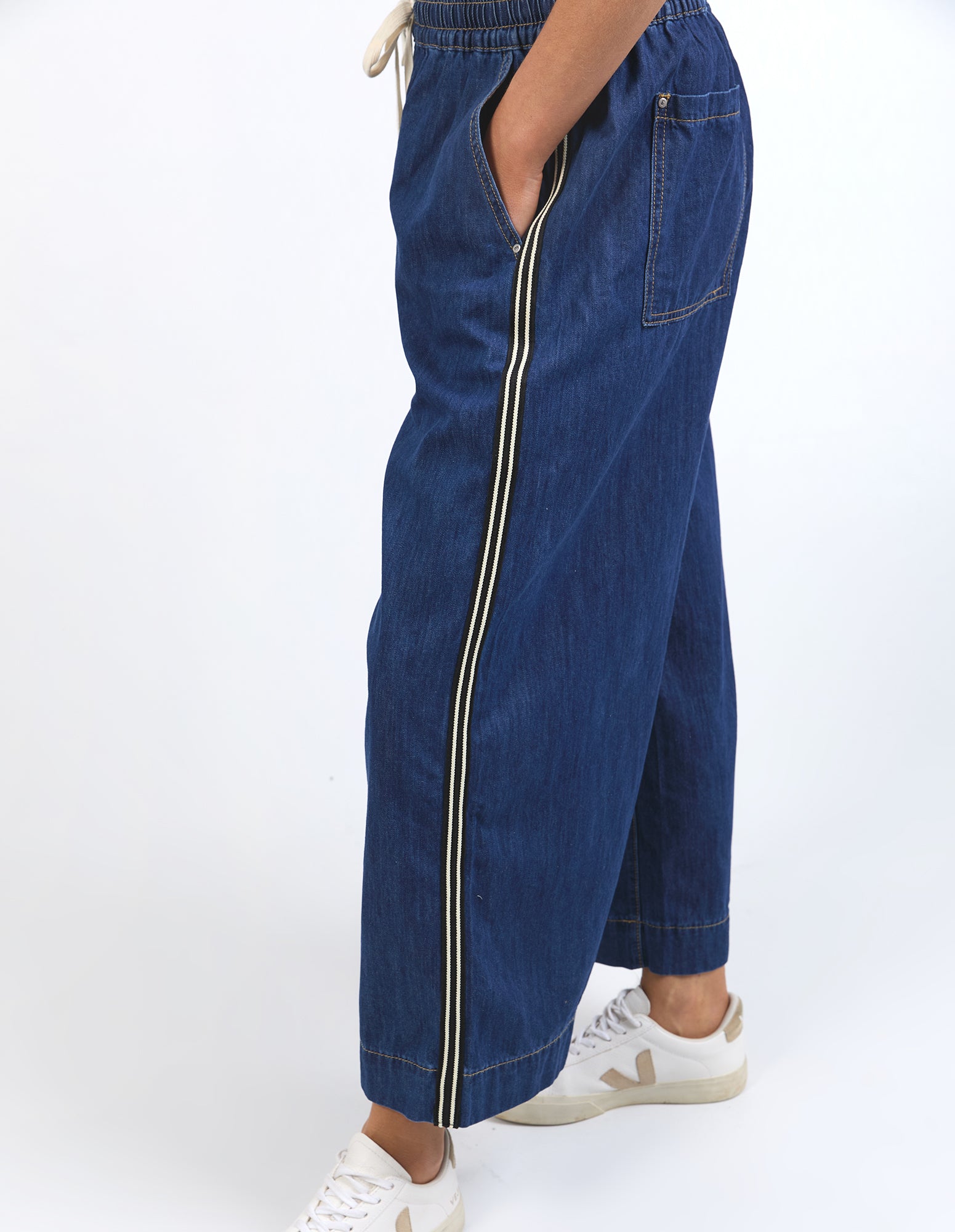 Elm Greta Wide Leg Pants with Side Tape - Dark Blue Wash Denim Trousers for Women | Casual & Office Wear | High Waisted Comfort Fit