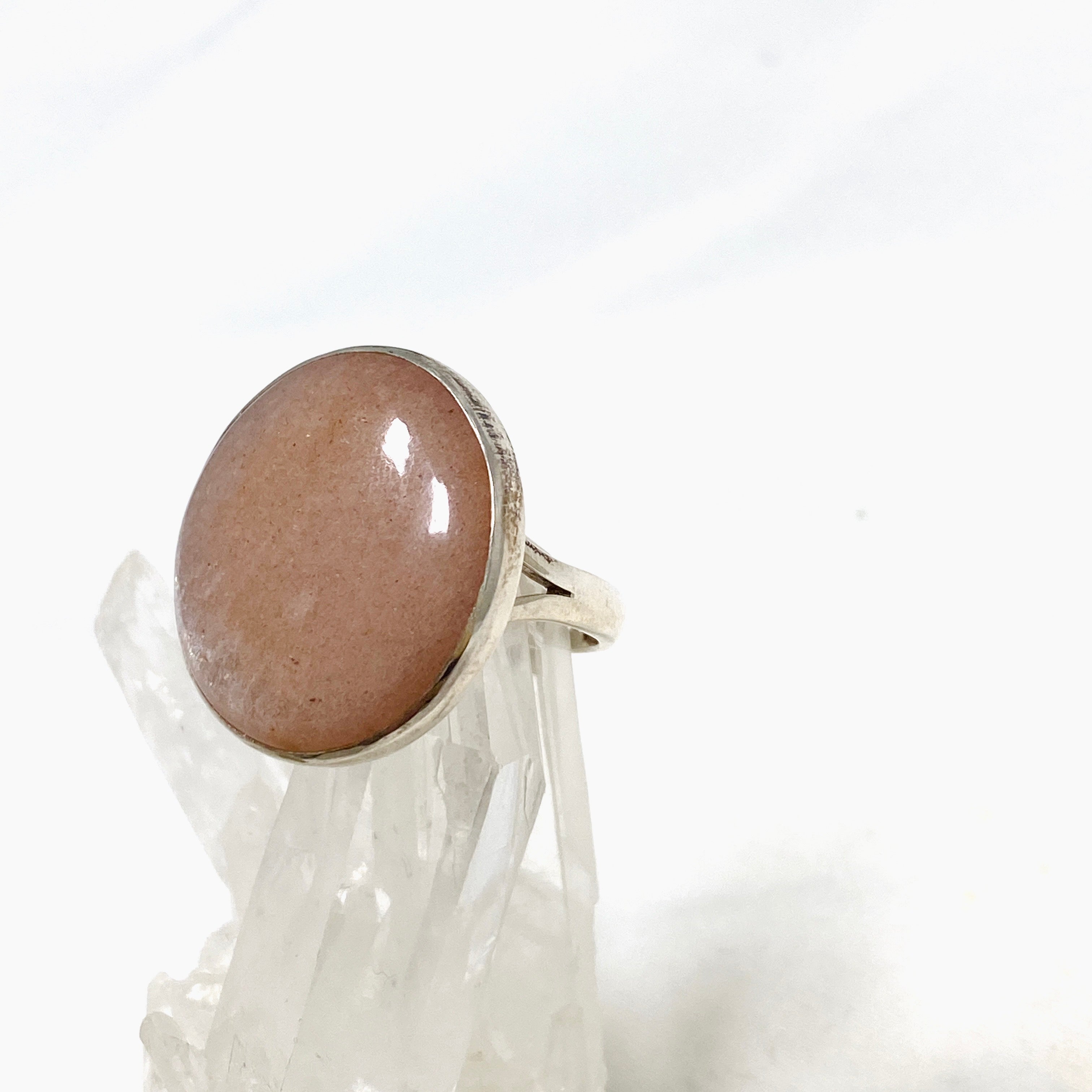 Natural Peach Moonstone Round Ring - Size 10 Silver Jewelry KRGJ2173 | Elegant Boho Gift for Women, Perfect for Weddings & Everyday Wear
