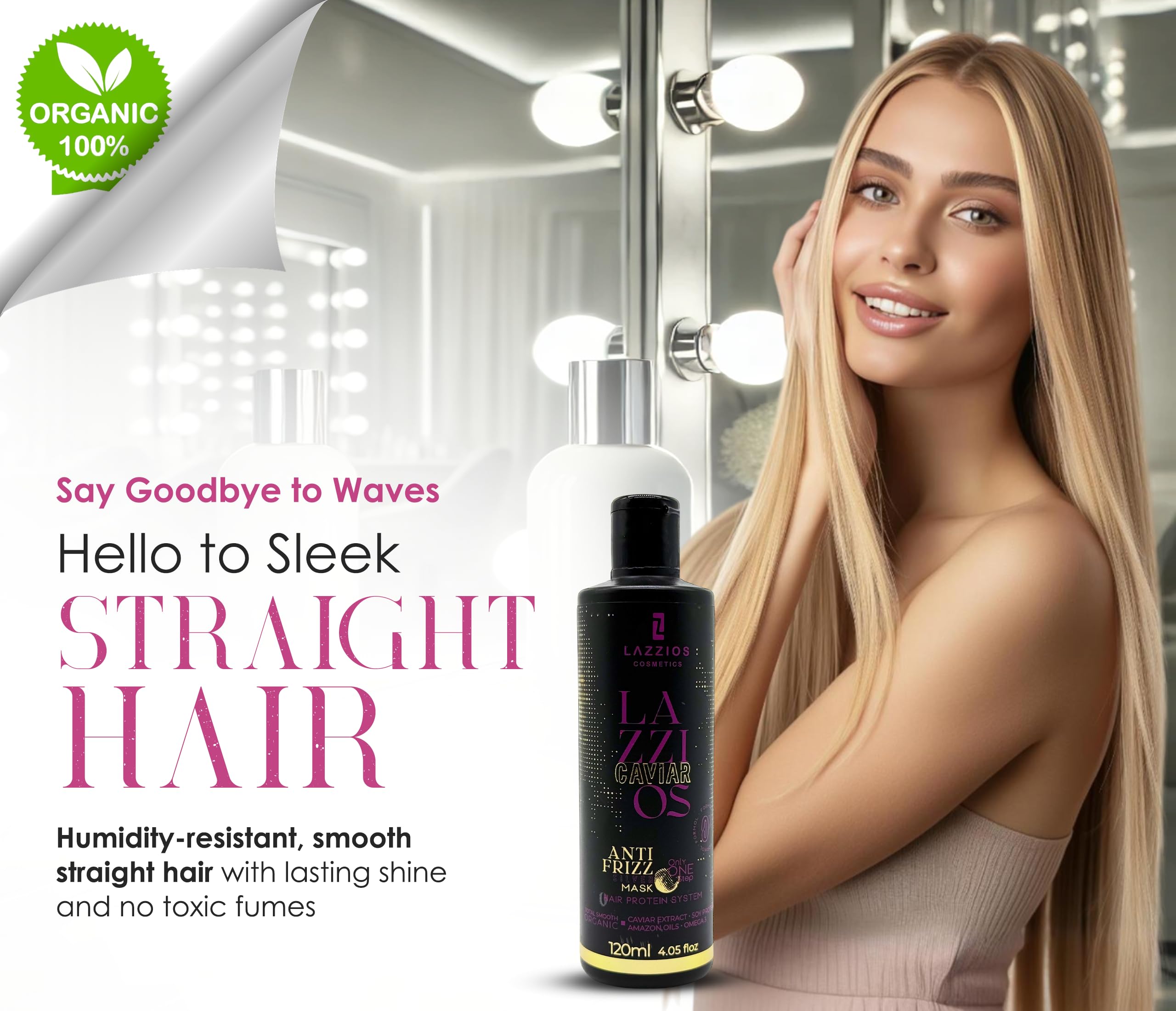 Lazzios Caviar Organic Hair Protein Treatment – Brazilian Straightening & Anti-Frizz Formula with Hyaluronic Acid, Hydrolyzed Keratin & Caviar Extract – Formaldehyde-Free, 120ml – For Smooth, Shiny & Manageable Hair at Home or Salon