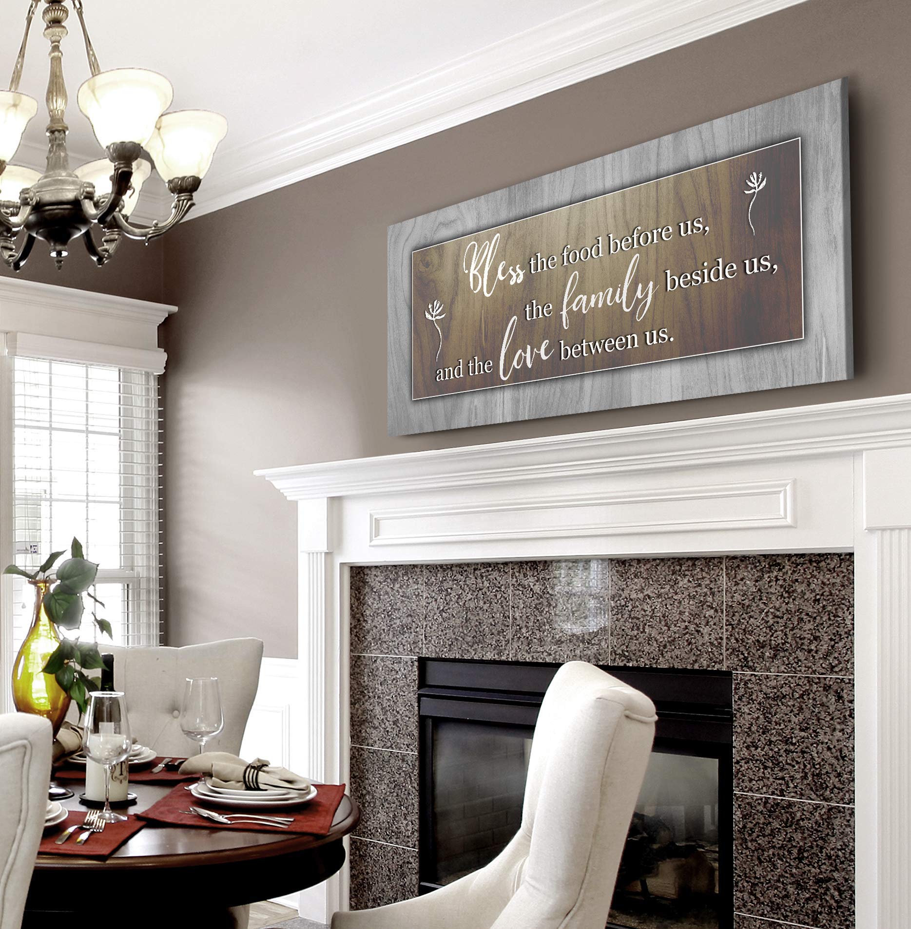 Bless the Food Before Us Framed Wall Art - 60x27 Inch Brown Kitchen & Dining Room Decor Sign for Farmhouse, Rustic Home, Prayer & Gratitude Wall Hanging