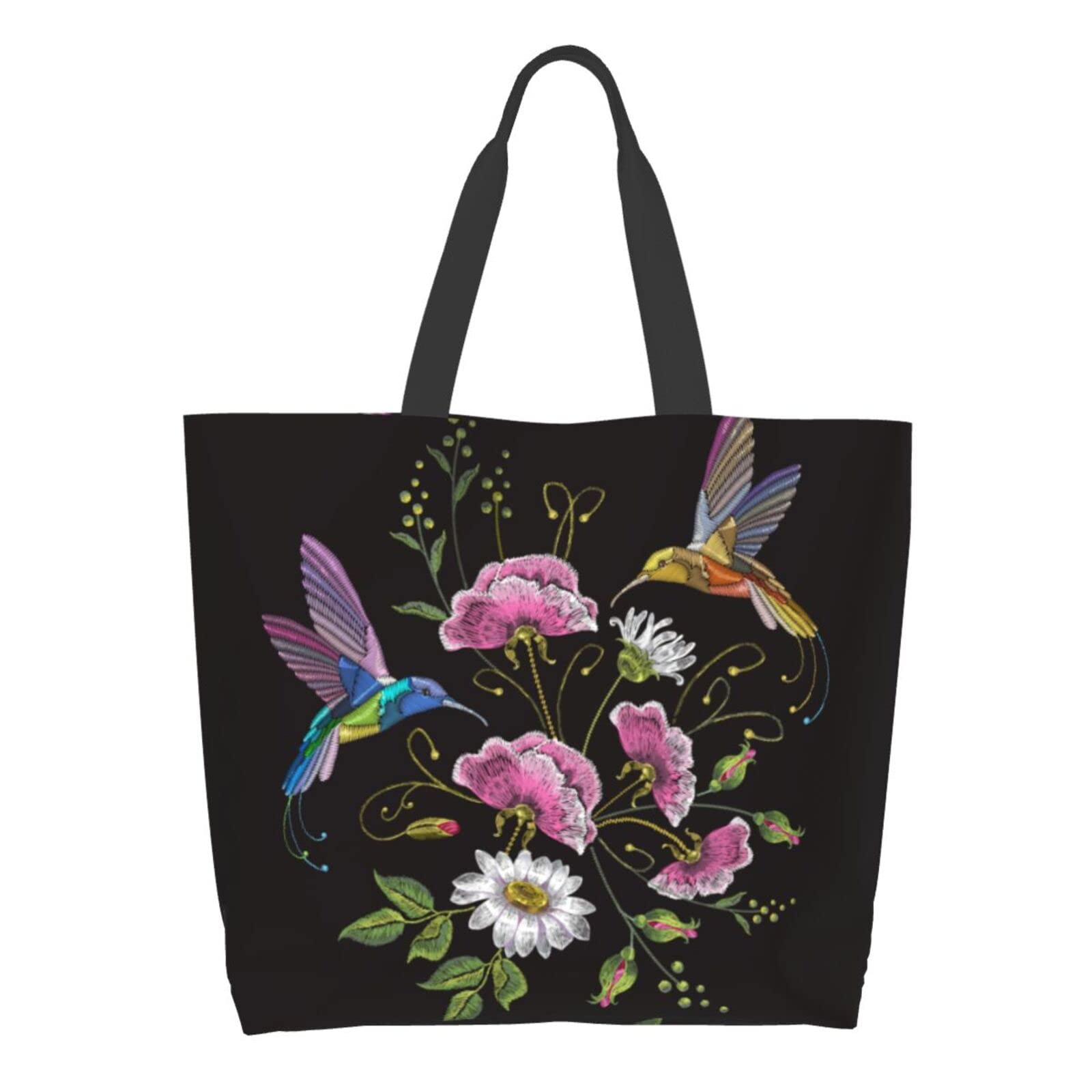 GbuZozie Hummingbird & Floral Canvas Tote Bag - Large Reusable Grocery Bag for Women, Durable Shoulder Handbag - Perfect for Shopping, Work, Travel & Beach Outings