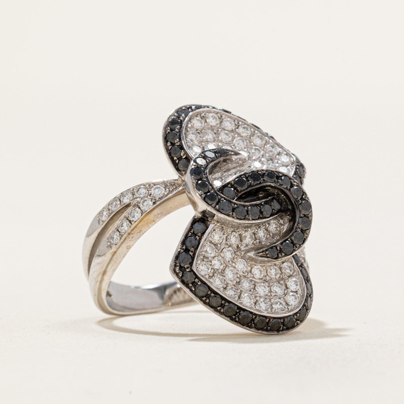 Elegant White & Black Diamond Heart Bypass Ring - 0.55ctw & 0.53ctw - Size 6.5 - Perfect for Anniversary Gifts, Valentine's Day & Romantic Occasions