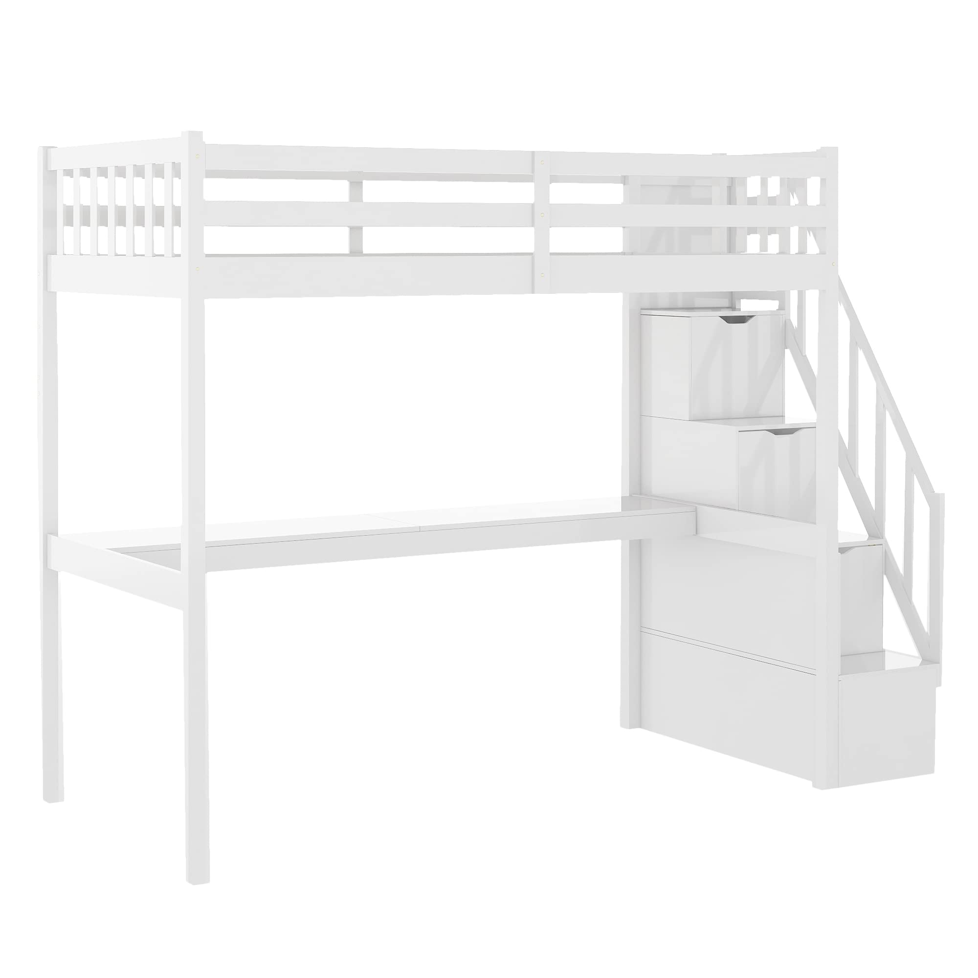 Merax Twin Size Loft Bed with Staircase, Built-in Desk & Safety Guardrails - No Box Spring Needed, White - Perfect for Kids Bedrooms, Small Spaces & Dorm Rooms