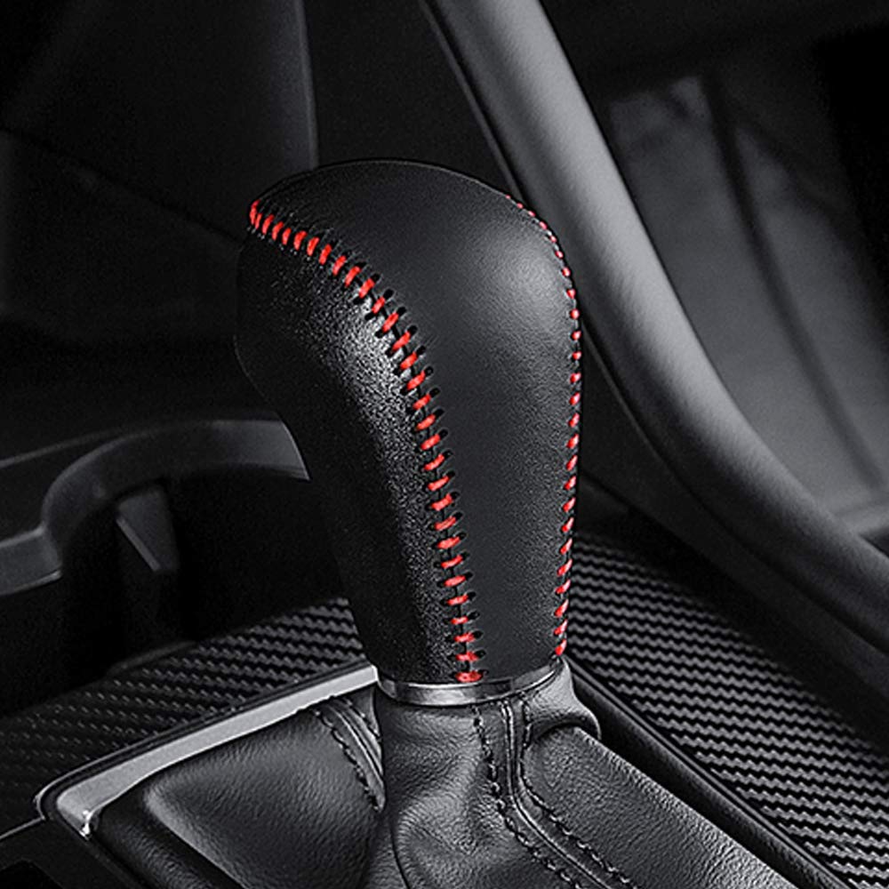 Genuine Leather Automatic Gear Shift Knob Cover Protector Trim - Red Stitches - Compatible with Mazda CX-30 (2020-2021) & Mazda 3 / Mazda 3 Hatchback (2019-2021) - Premium Car Interior Accessories for Enhanced Grip & Style