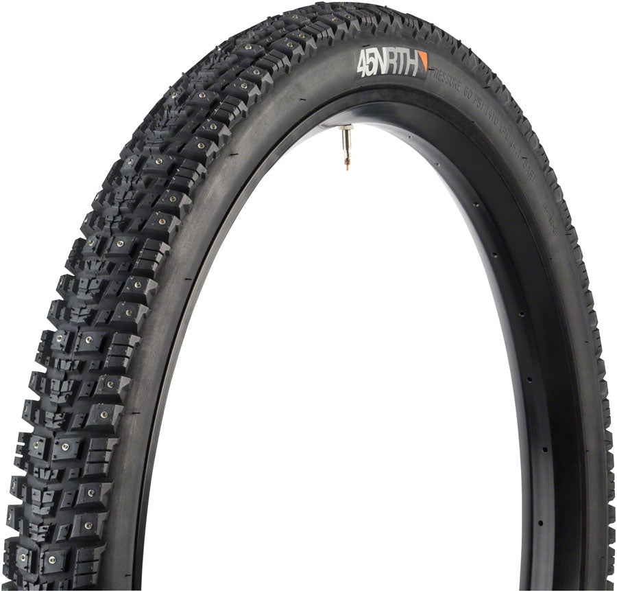 45NRTH Gravdal Studded Bike Tire - 26 x 2 Inch Clincher, Black Steel with 216 Carbide Studs (33 TPI) - Winter & Ice Cycling, Mountain Biking, Commuting in Snowy Conditions