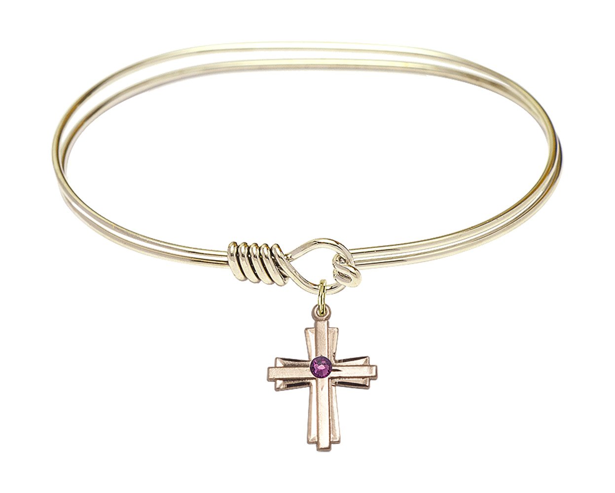 7 Inch Oval Eye Hook Bangle Bracelet with Cross Medal Charm & February Purple Crystal - Elegant Jewelry for Women, Gift for Valentine's Day, Birthday, Anniversary, Party & Special Occasions