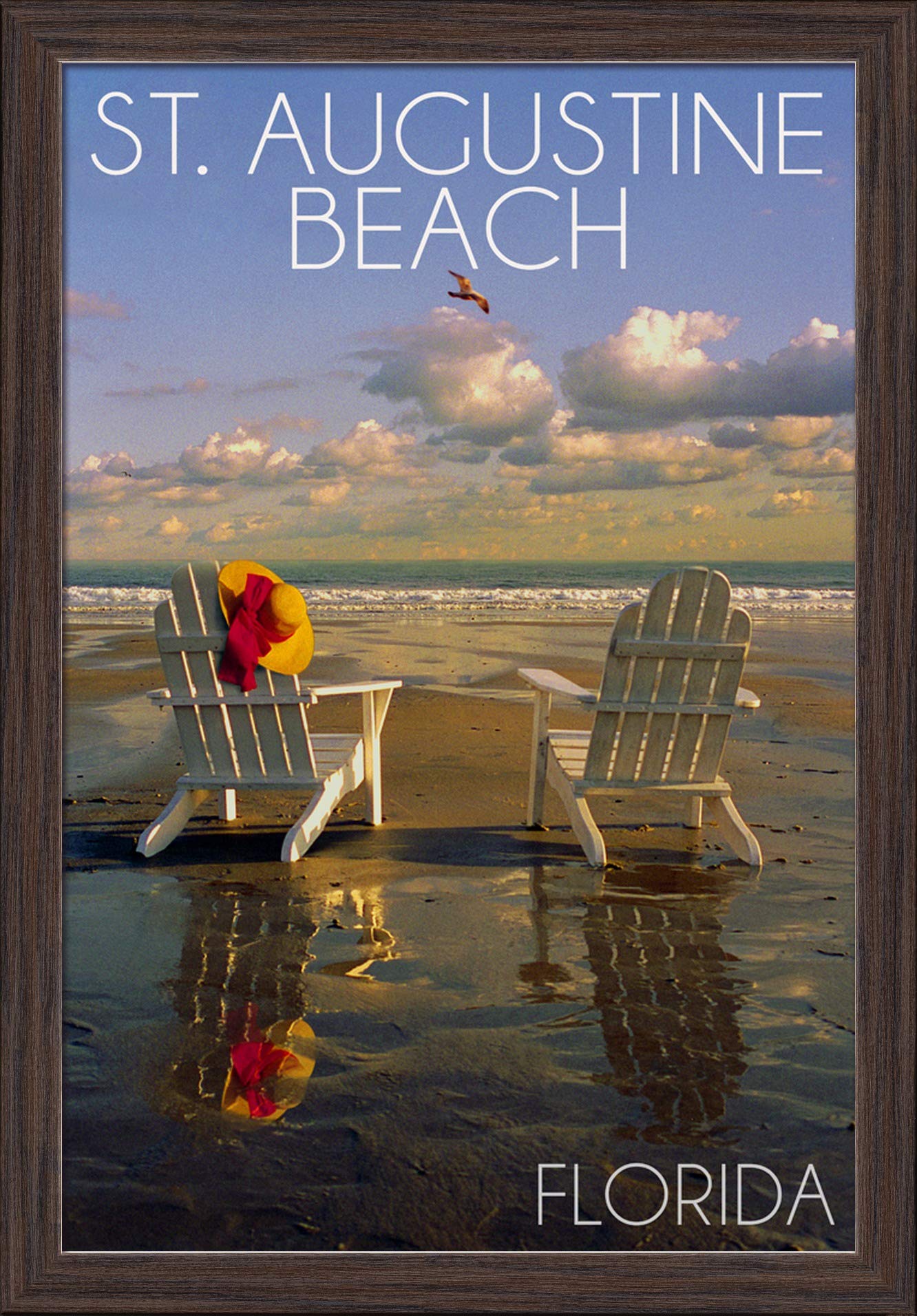 St. Augustine Florida Beach Adirondack Chairs - 16x24 Giclee Fine Art Print with Recycled Wood Frame in Espresso Brown - Perfect for Coastal Home Decor & Beach House Wall Art