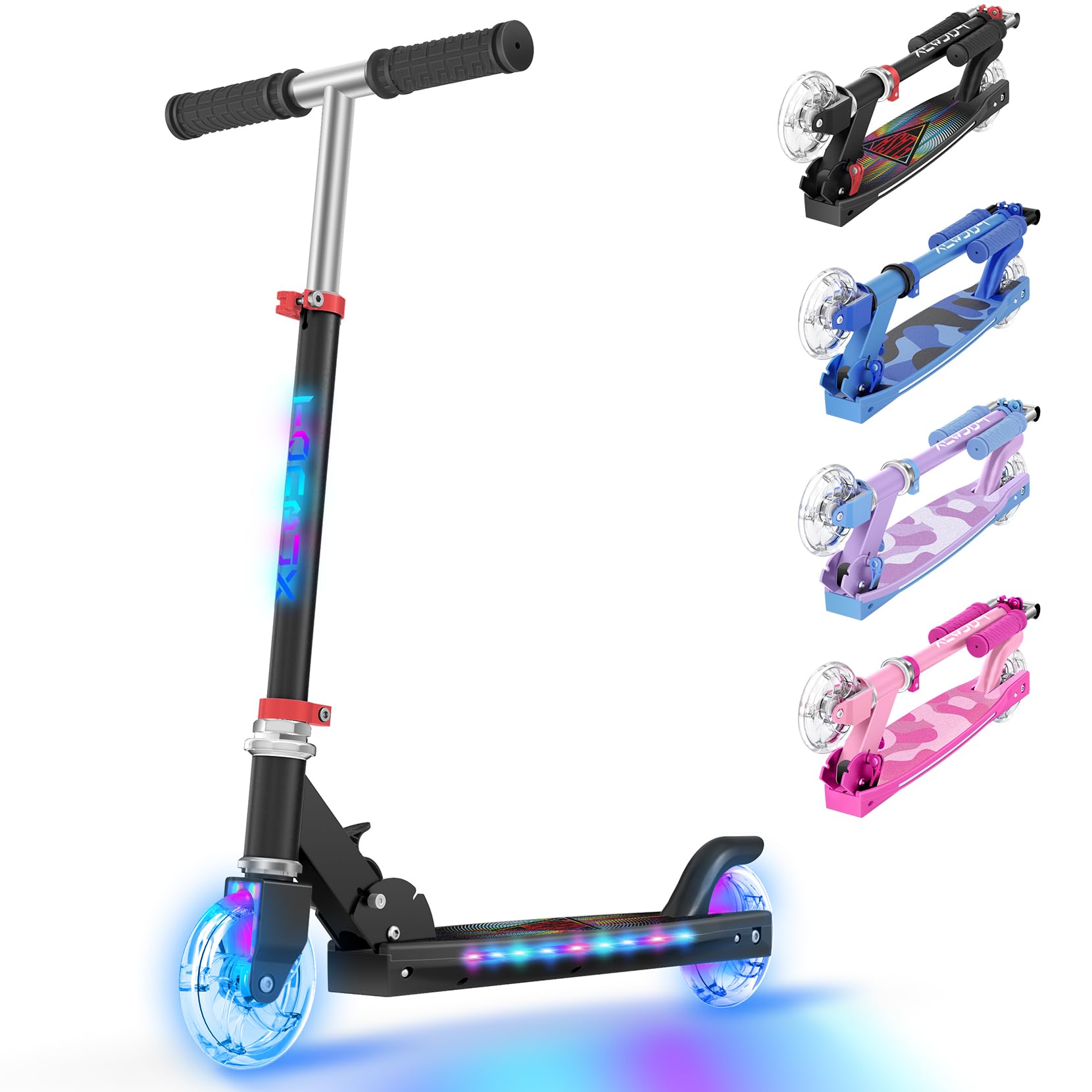 TONBUX 2 Wheel Kick Scooter for Kids Ages 5-12 - Adjustable Height (3 Levels), LED Light-Up Wheels & Deck, Foldable & Lightweight Design - Perfect for Commuting to School, Park Rides & Neighborhood Fun