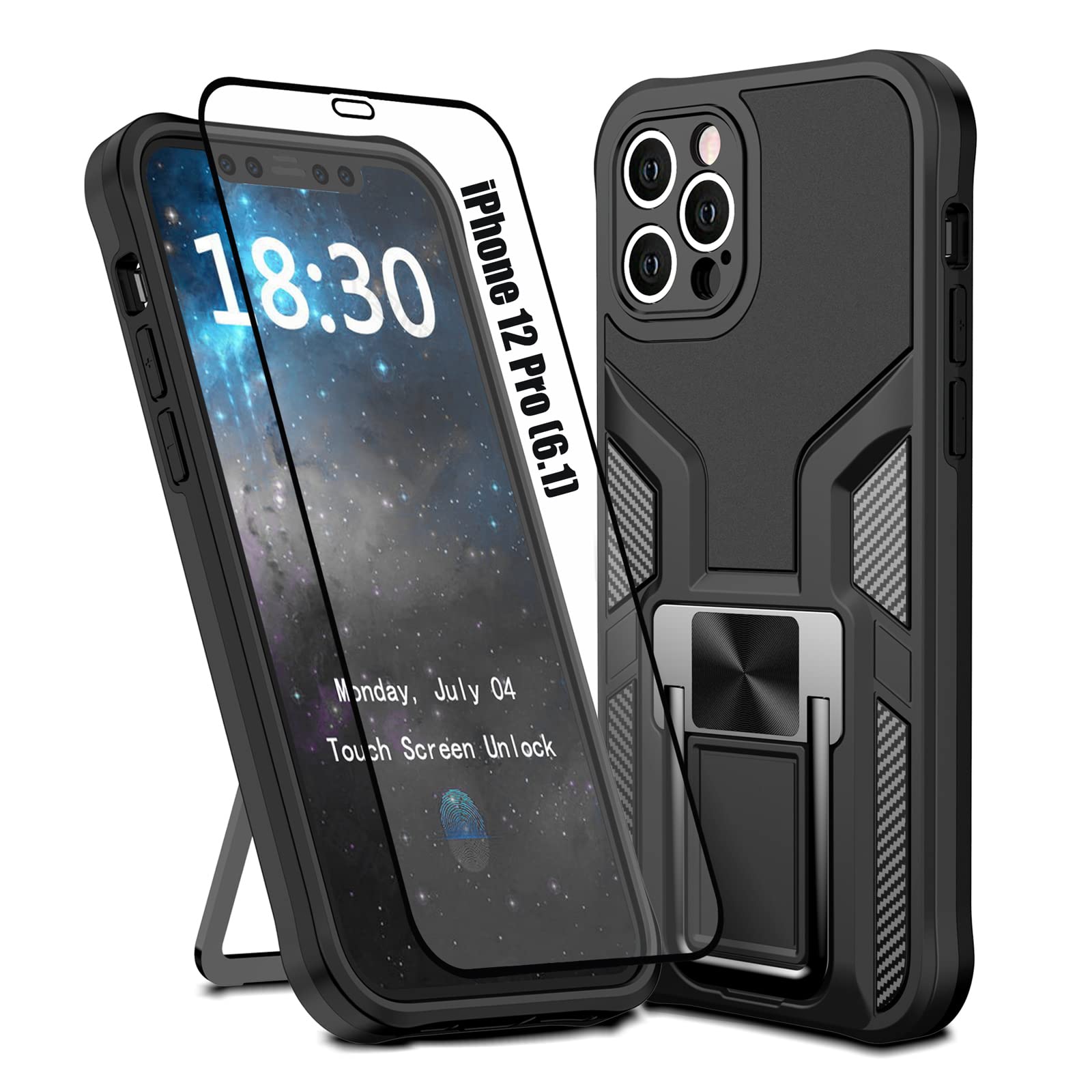 LMDAMZ iPhone 12 Pro Case - Military Grade Shockproof Kickstand Cover with Magnetic Car Mount | Heavy Duty Dual Layer Protection (TPU+PC) | Durable 6.1 Inch Phone Case for iPhone 12 Pro (Black) | Perfect for Outdoor Activities, Work & Daily Use