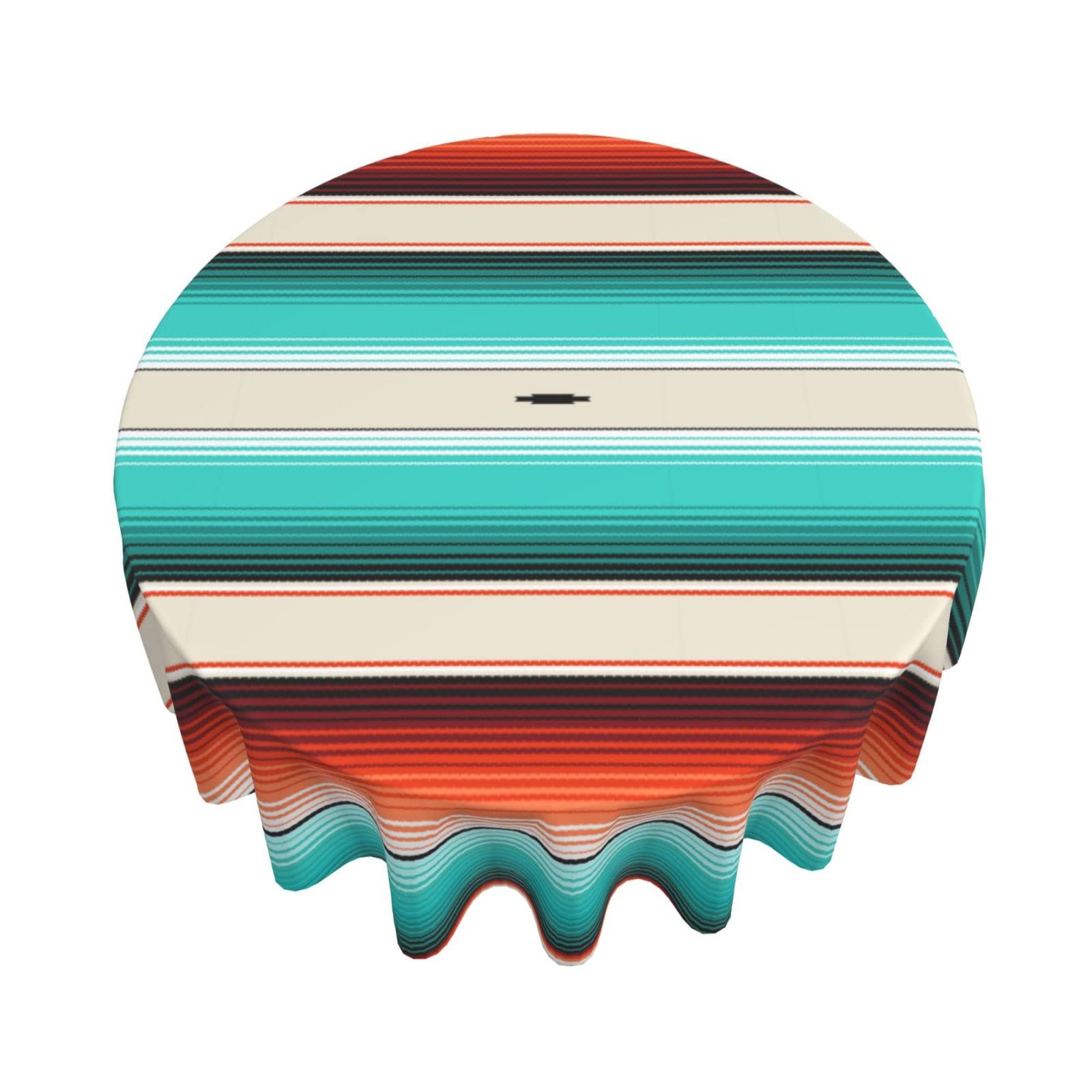 60 Inch Waterproof Round Tablecloth - Turquoise, Orange, Navajo White Stripes Mexican Design for Outdoor Patio, Party, Picnic, Wedding & Indoor Kitchen Dinner Decor | Durable & Stylish Table Cover