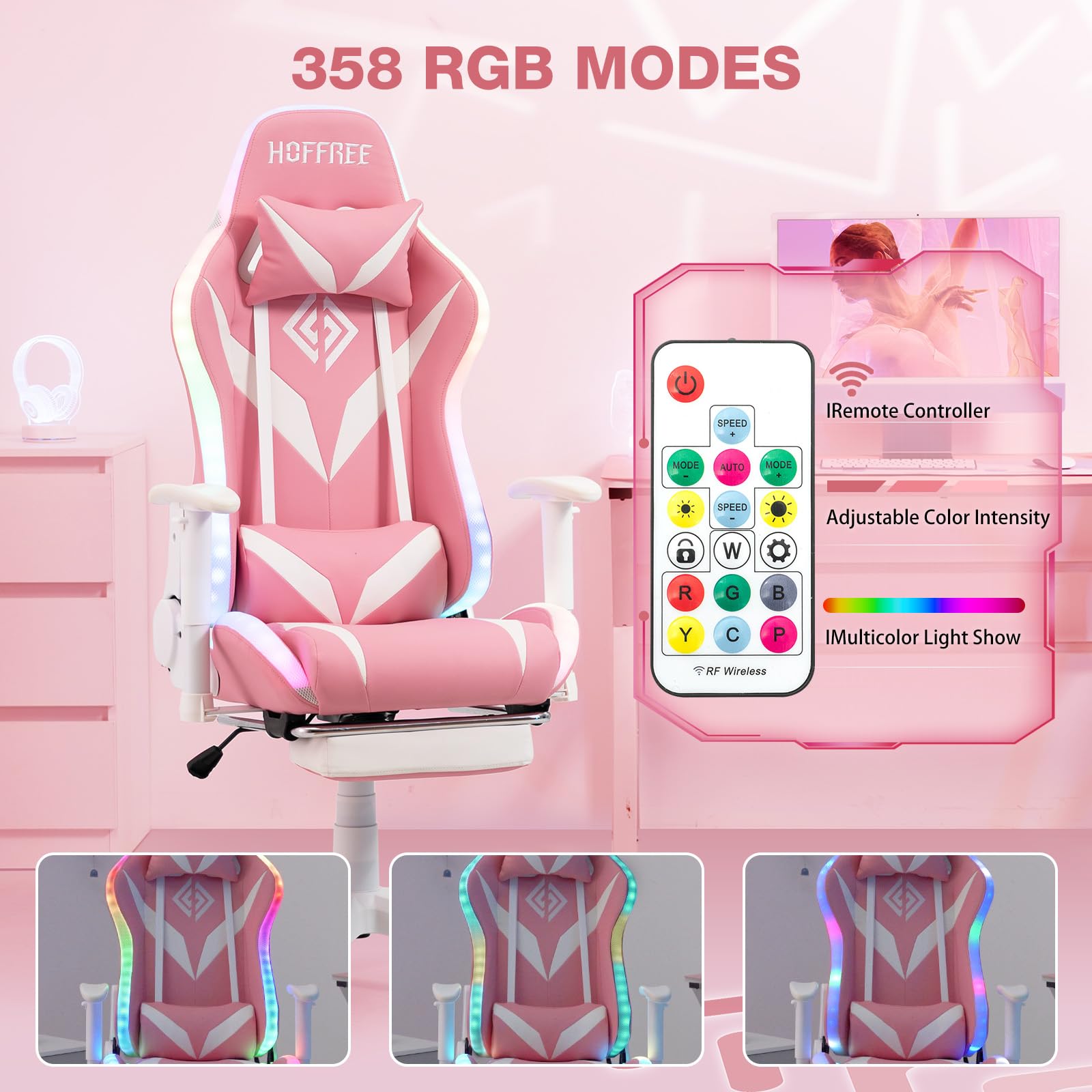 HOFFREE Pink and White Gaming Chair with Bluetooth Speakers, LED Lights, Massage & Footrest - Ergonomic High Back Reclining Computer Chair for Gamers | Perfect for Gaming Rooms, Esports & Home Office Setup