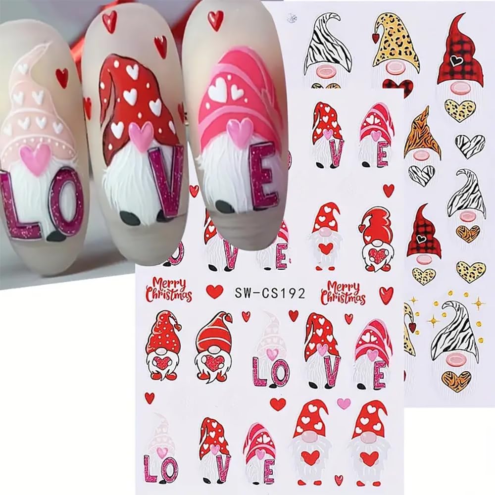 Christmas Nail Stickers - Santa Claus & Heart 3D Self-Adhesive Nail Decals for DIY Nail Art - 6PCS Set - Perfect for Holiday Parties, Gift Giving & Winter Nail Designs