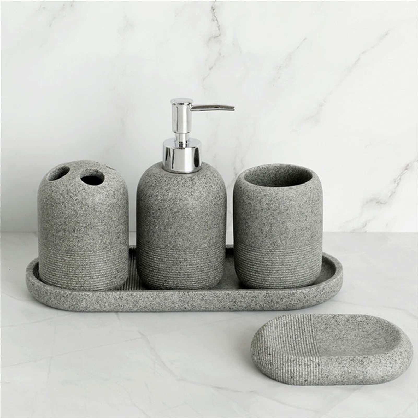Refillable Liquid Hand Soap Dispenser Set - 5 Piece Resin Bathroom Accessories Kit with Soap Dispenser, Toothbrush Holder, Tumbler, Soap Dish & Tray - Perfect for Modern Bathrooms, Guest Baths & Spa Style Decor
