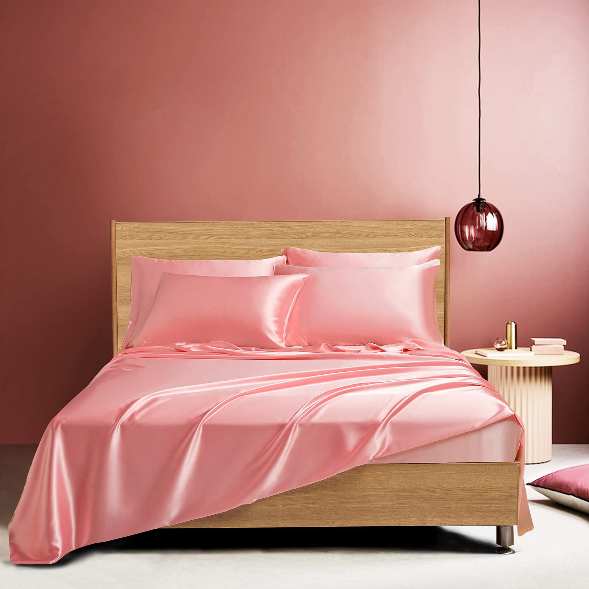 Luxury Candoury Satin 6-Piece Queen Bedding Set - Soft Silky Sheets, Pillowcases & Fitted Sheet - Hotel Quality Blush Pink Bed Sheets for Ultimate Comfort - Perfect for Master Bedrooms, Guest Rooms & Romantic Getaways