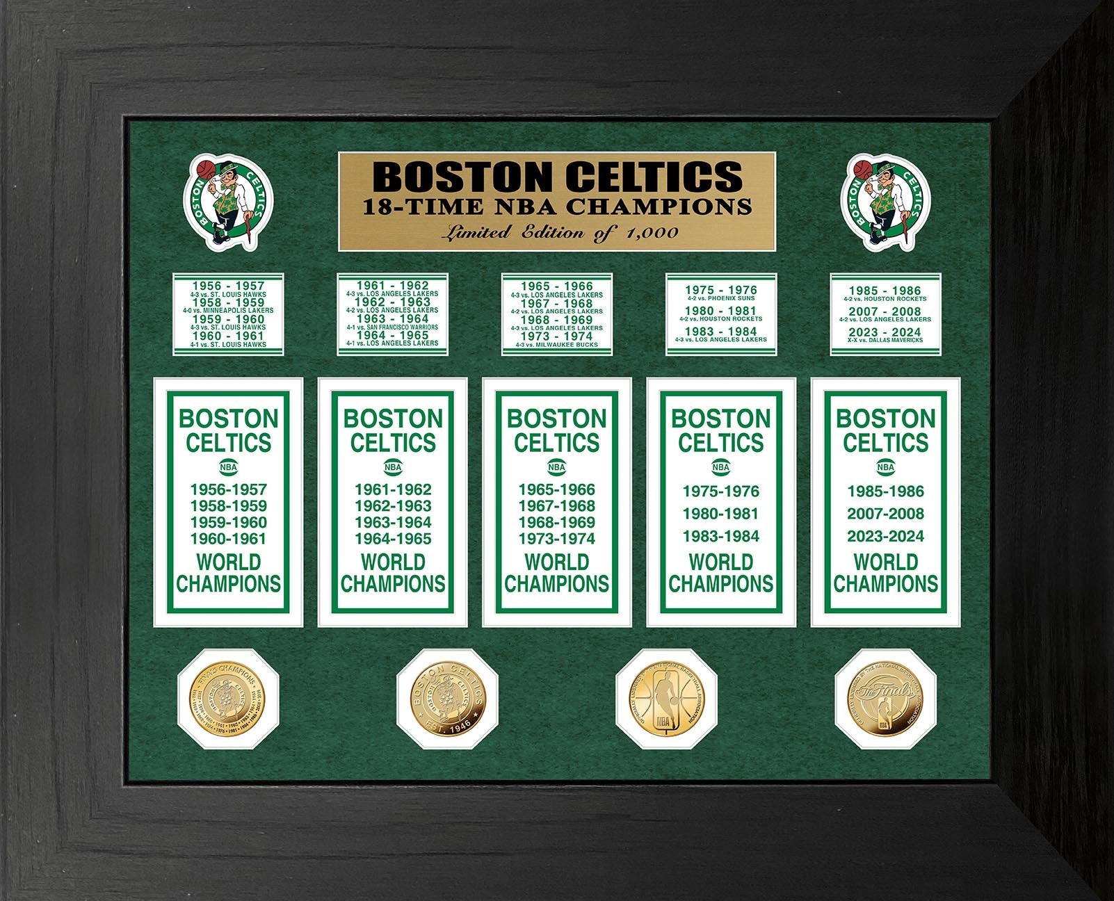 Boston Celtics 18-Time NBA Champions Deluxe Banner Collection with Gold Coin & Photo Mint - Perfect for Sports Fans, Memorabilia Collectors, and Celtics Home Decor