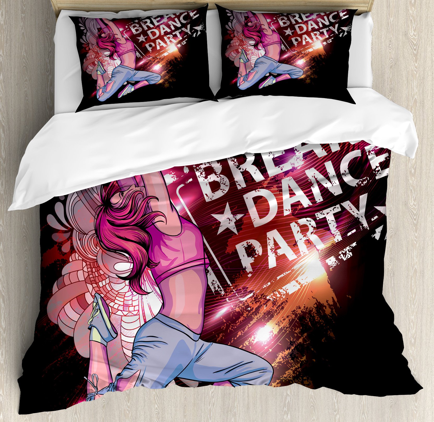 Ambesonne Break Dance Party Duvet Cover Set - Queen Size 3-Piece Bedding with 2 Pillow Shams | Vibrant Teen Girl Disco Design for Youth Bedroom Decor | Perfect for Dance Lovers & Nightclub-Themed Rooms