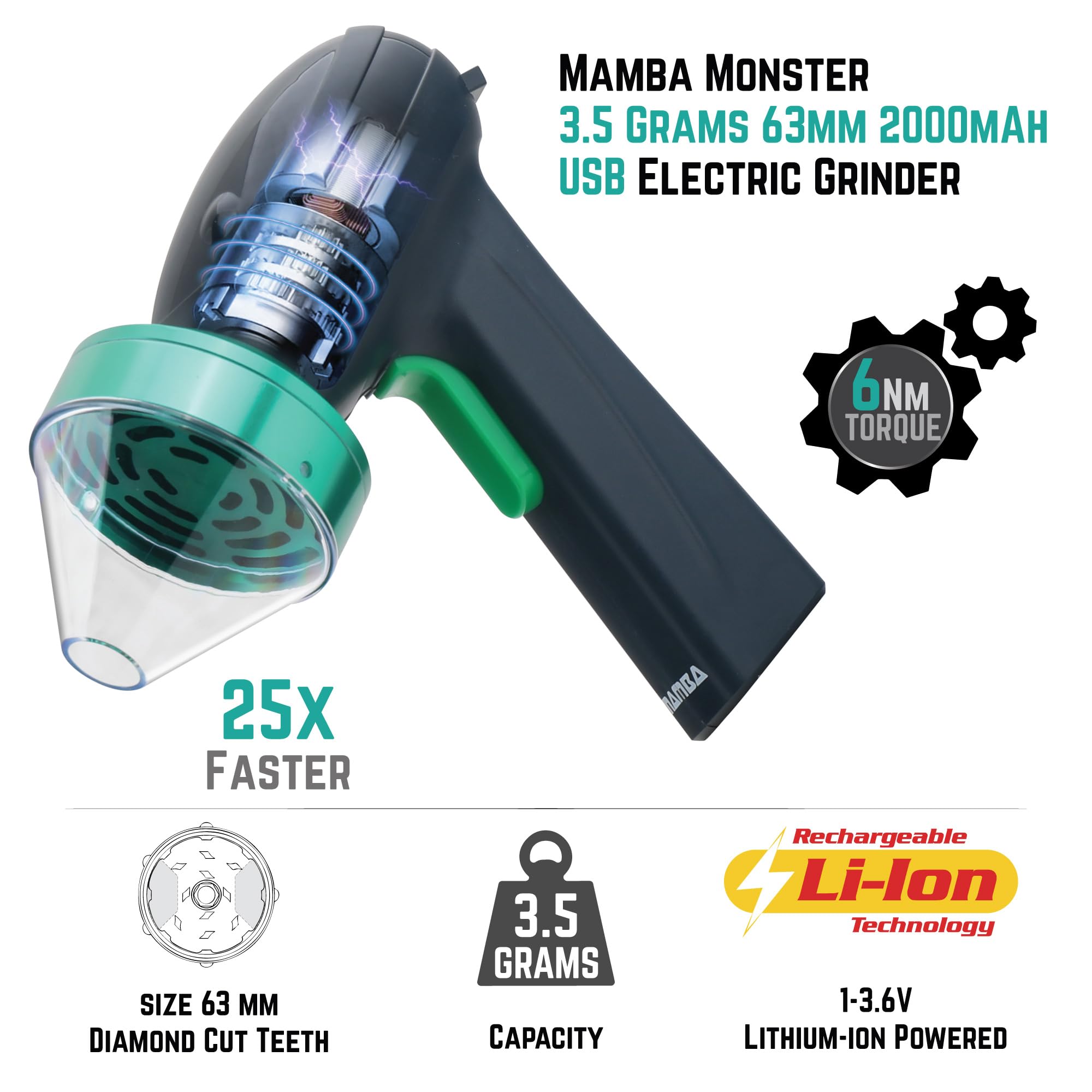 Premium Mamba Monster 3.5g Green USB Rechargeable Electric Herb Grinder - Large Capacity Portable Metal Spice Mill for Kitchen, Cooking & Baking - Perfect for Grinding Herbs, Spices, Coffee Beans & More
