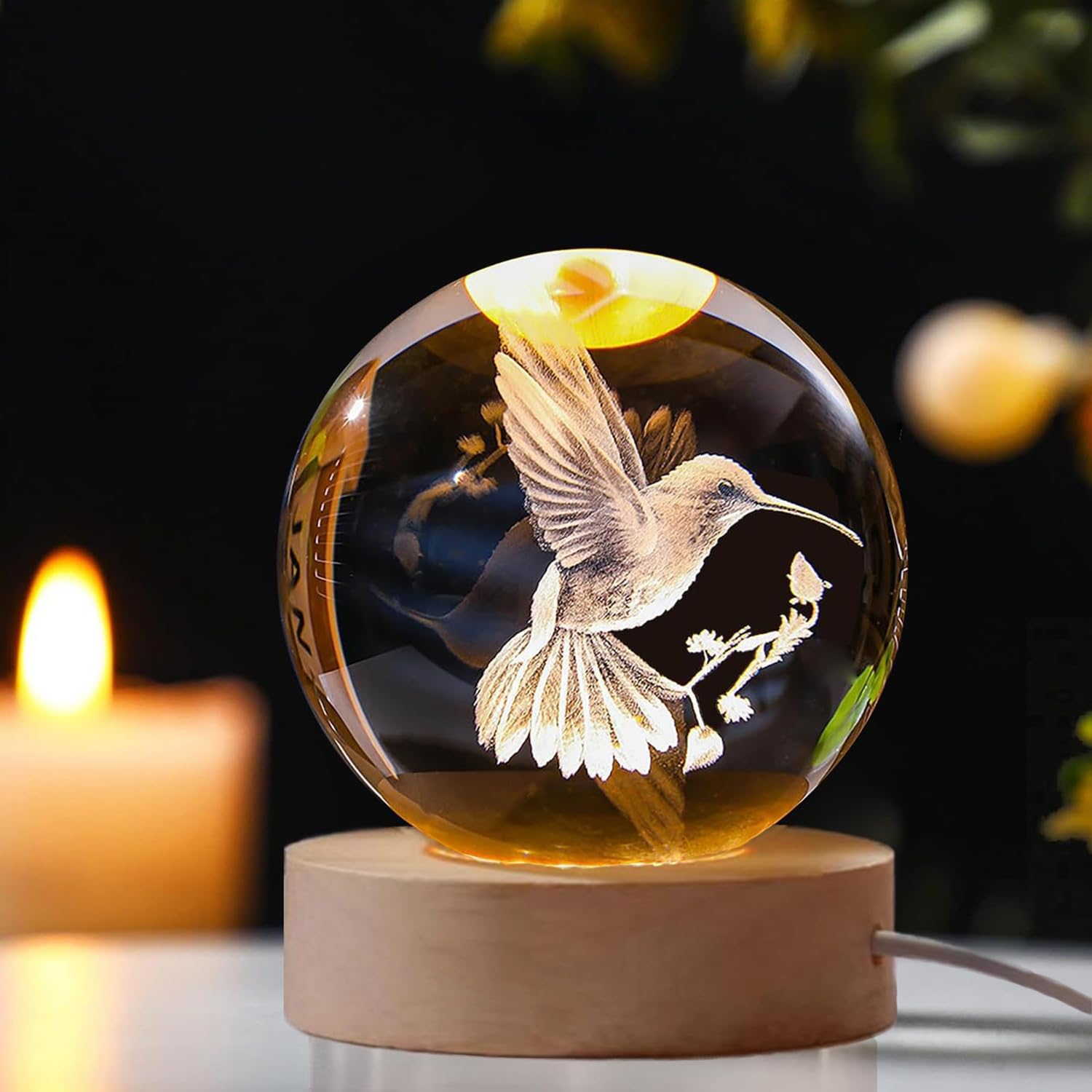 3D Laser Engraved Hummingbird Crystal Ball with LED Base - 60mm Glass Figurine Lamp, Night Light & Paperweight - Unique Home Decor Gift for Birthdays, Anniversaries (Perfect for Bedroom, Office Desk & Gift Giving)