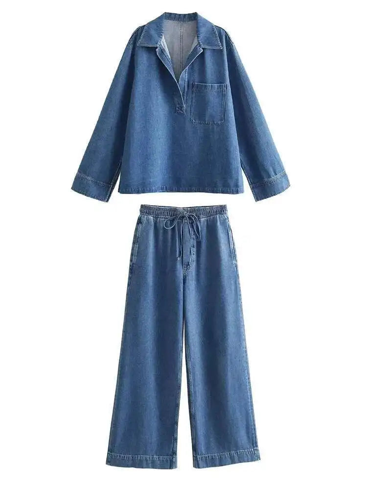 Big Size Blue Denim Shirt & Wide Leg Pants Two-Piece Suit for Women - Lapel Long Sleeve Fashion Outfit for Spring/Autumn 2025 (Style 1DH6390) | Perfect for Office Wear, Casual Outings & Special Occasions