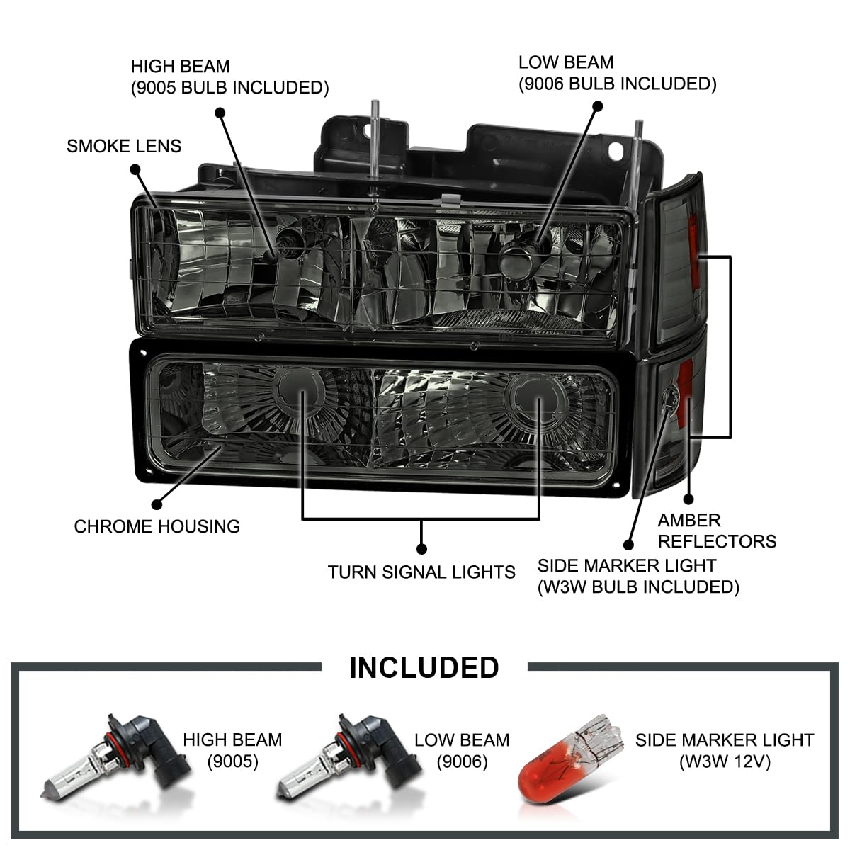 Spec-D Tuning Smoke Headlights & Bumper Lights Kit for 1994-1998 GMC C10 Pickup Sierra Suburban - Complete Left & Right Headlamp Assembly with Corner Lamps | Upgrade Your Truck's Style & Night Visibility for Off-Road Adventures & Daily Driving