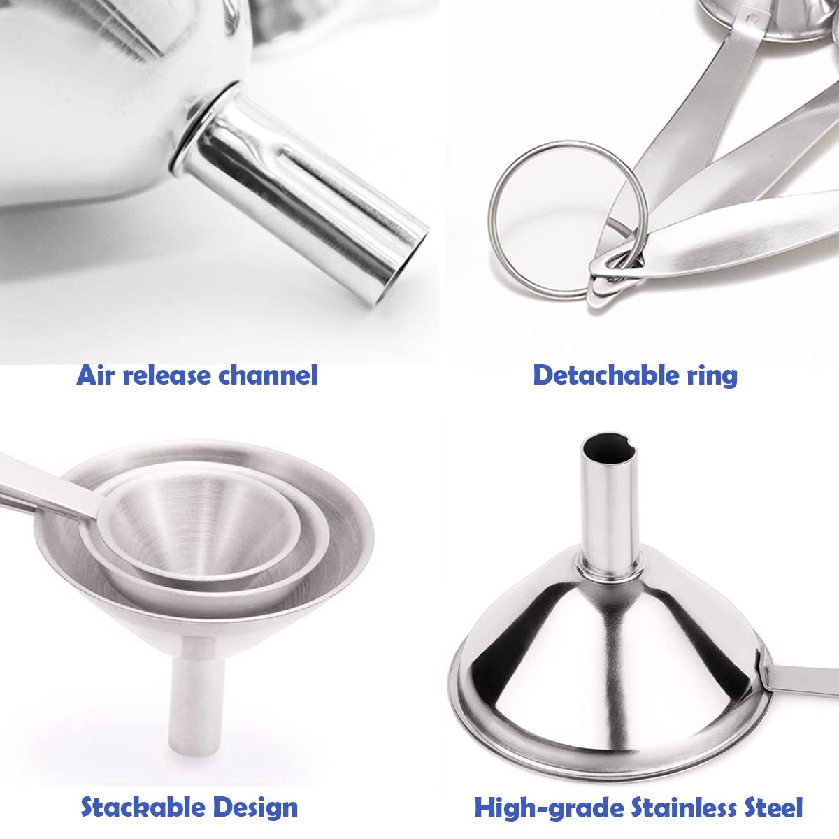 3-Piece Stainless Steel Kitchen Funnel Set - Long Handle Food Grade Metal Funnels for Bottles, Oil & Liquids Transfer - Easy to Clean with Brush - Perfect for Home Kitchen, DIY Projects & Essential Oil Bottling