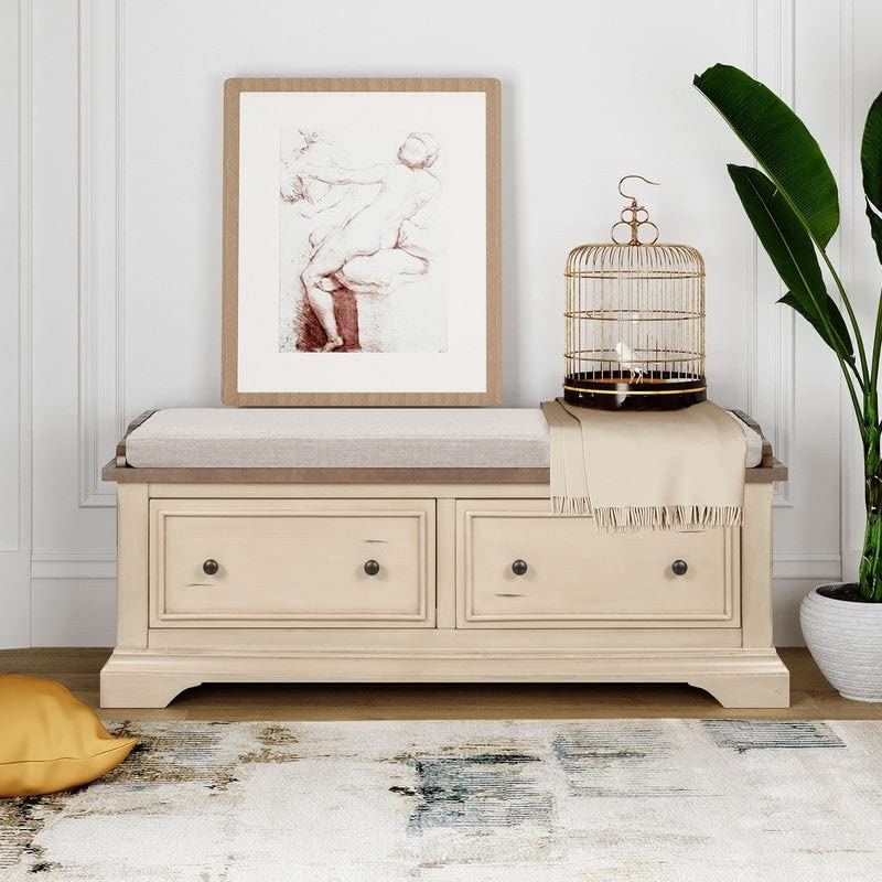 Solid Wood Shoe Bench with 2 Large Drawers & Removable Cushion - Classic Beige Painted Storage Organizer for Entryway, Hallway, or Bedroom - Perfect for Shoe Storage & Home Decor