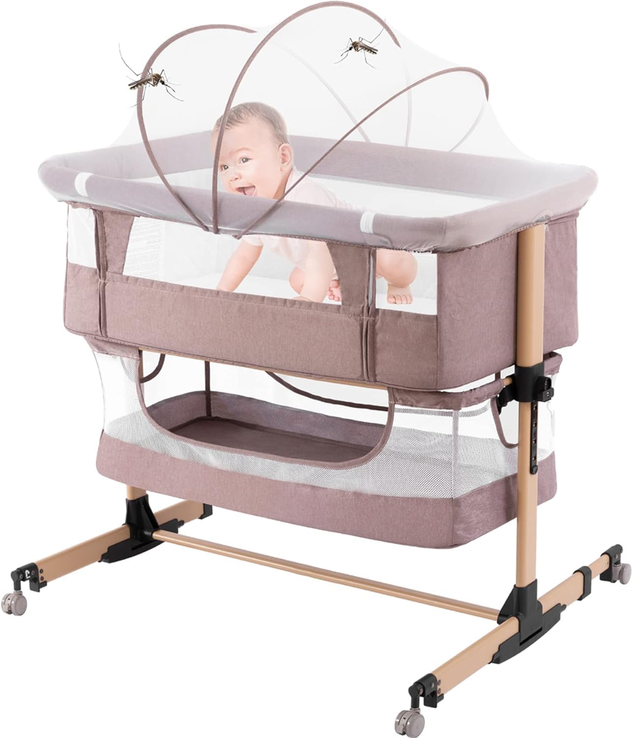 3 in 1 Adjustable Portable Baby Crib & Bassinet - Convertible Bedside Sleeper for Newborns & Infants, Light Beige | Perfect for Nursery, Bedroom & Travel Use