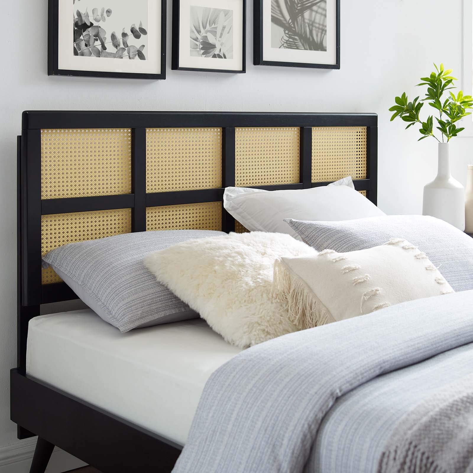Modway Luana Cane Woven Rattan Queen Size Headboard - Black Boho Bedroom Decor for Master & Guest Rooms