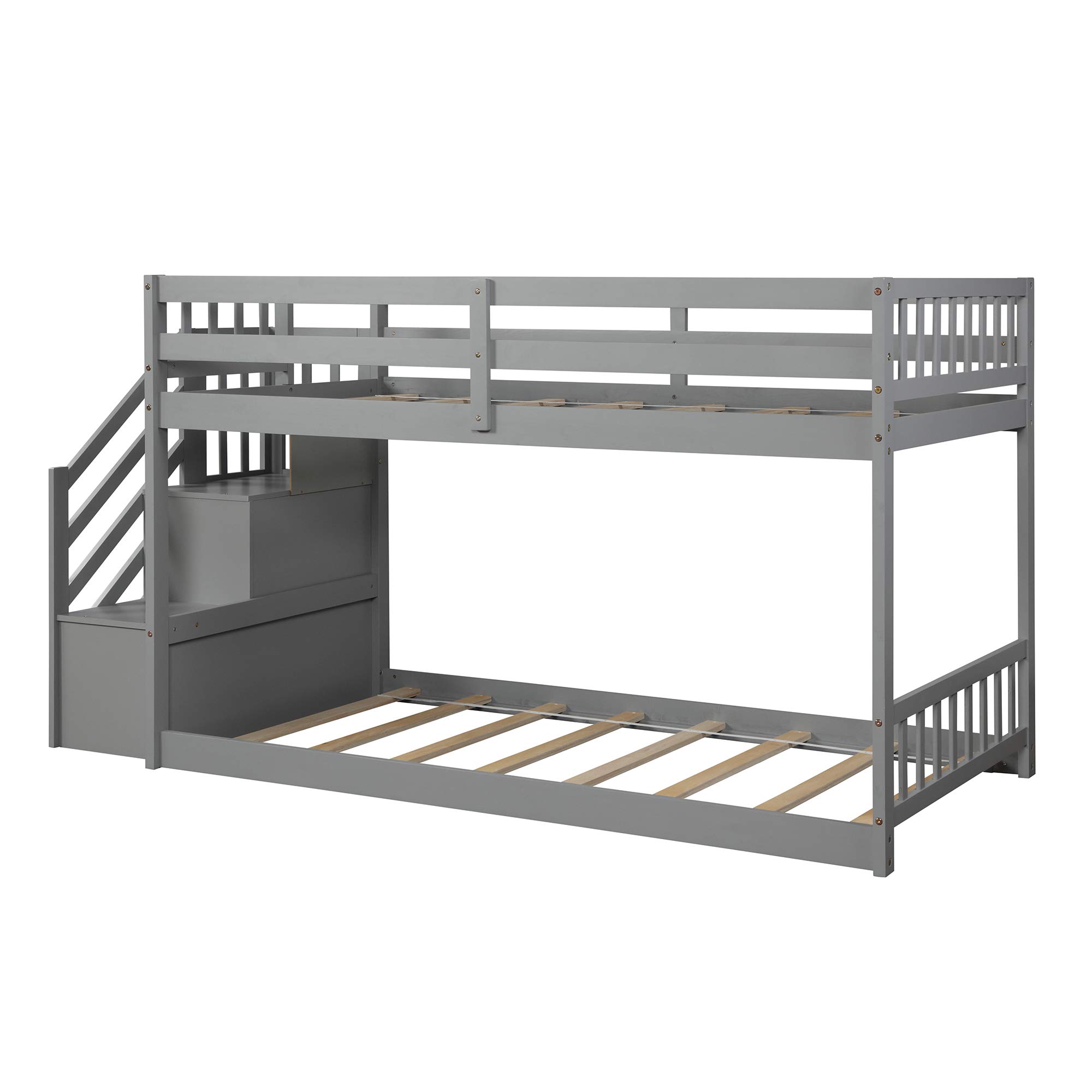 Merax Twin Over Twin Solid Wood Bunk Bed Frame with Storage - No Box Spring Needed - Space-Saving Kids Bedroom Furniture (Grey) - Perfect for Small Rooms, Shared Kids' Bedrooms & Guest Rooms