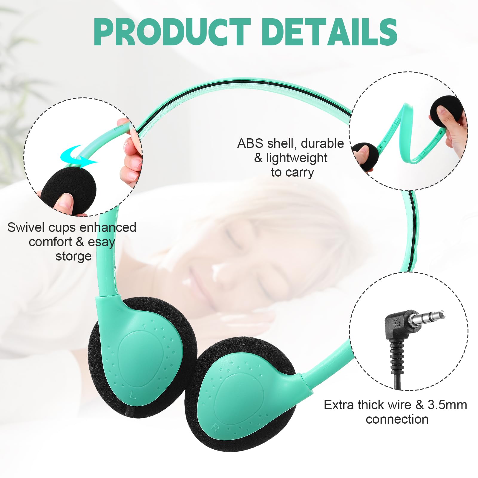 30 Pack Konohan Kids Headphones Bulk - Adjustable Wired Headphones with 3.5mm Jack for School, Classroom, Students, Kids & Adults (Emerald Green) - Perfect for Online Learning, Music Class & Travel