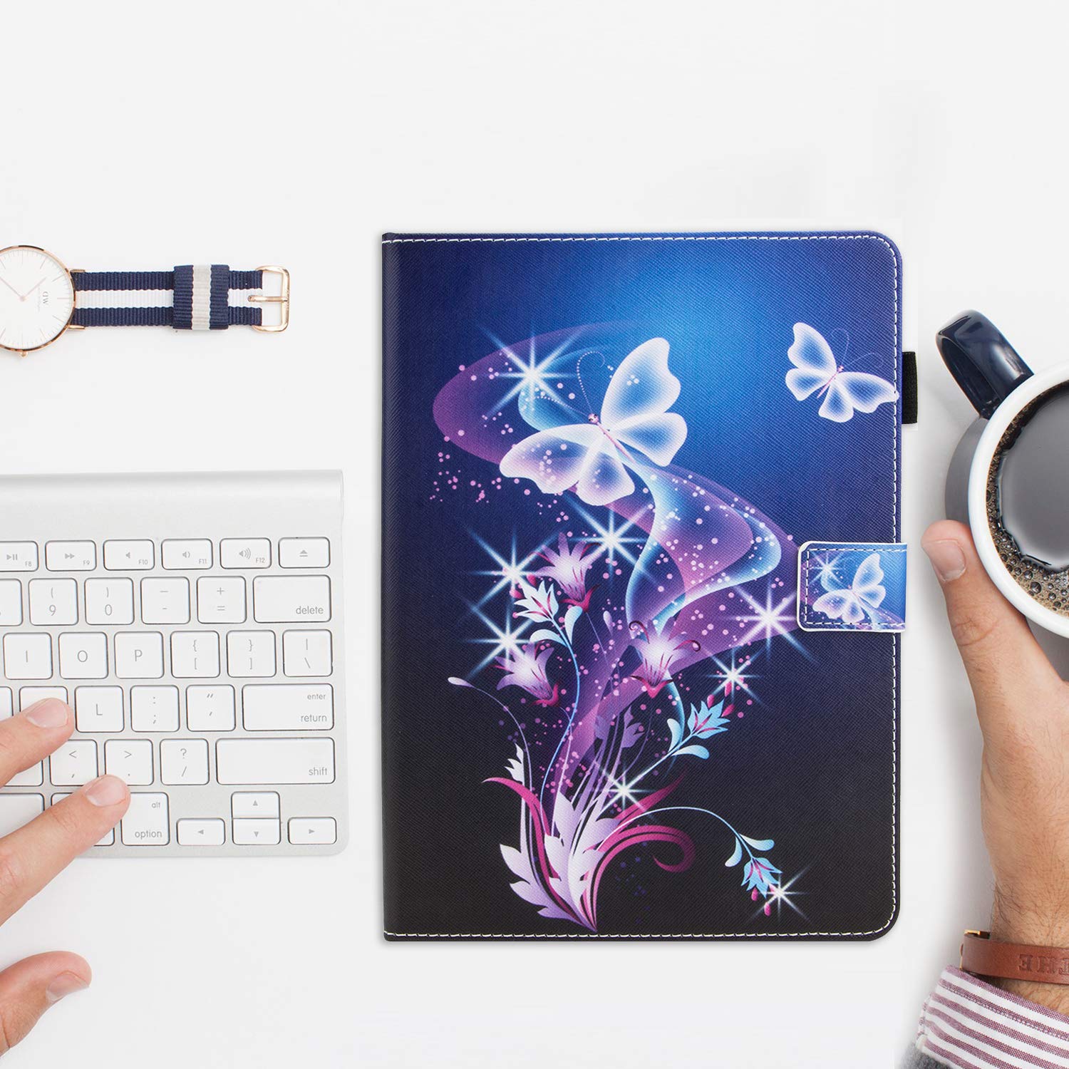 Dteck PU Leather Smart Case for iPad 9.7 Inch (2018/2017) & iPad Air 1/2 - Auto Sleep/Wake Folio Stand Cover with Wallet Function - Purple Butterfly Design - Perfect for Work, Travel & School Use