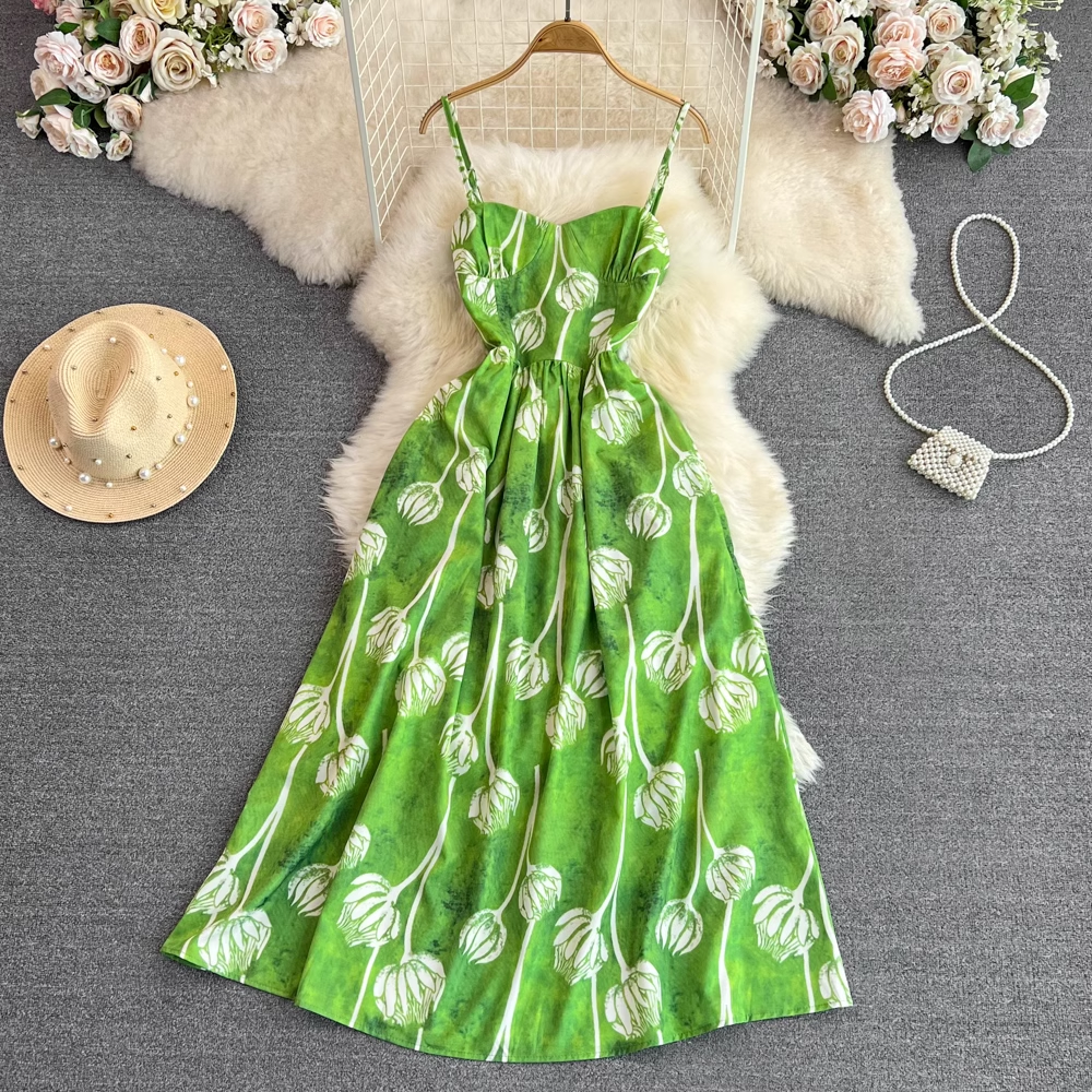 Vintage Green Floral Print Sleeveless Backless A-Line Summer Dress for Women - Perfect for Beach Vacations, Garden Parties & Date Nights