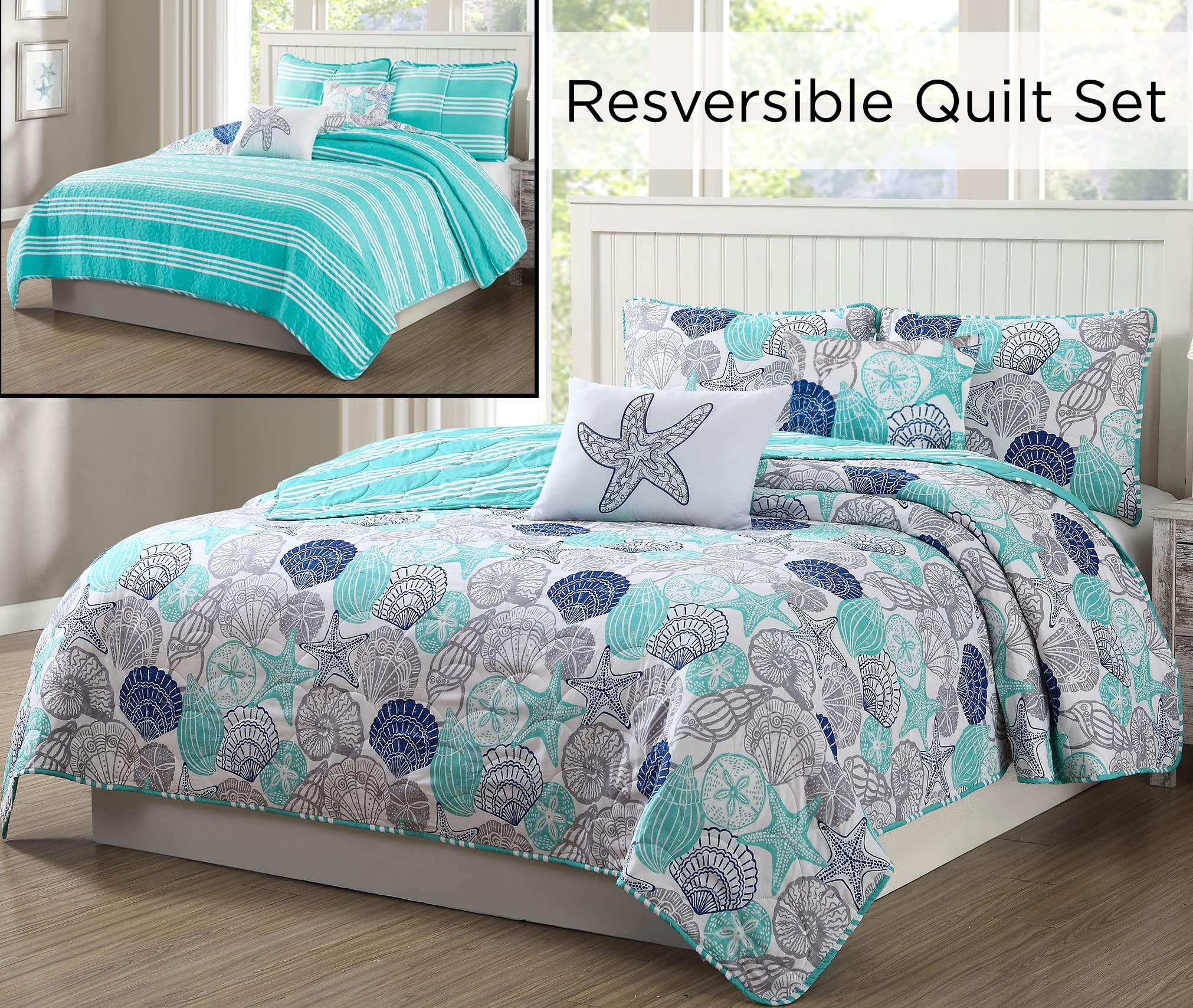 King Size Beach Quilt Set - Seashell & Starfish Coastal Bedding for Vacation Homes