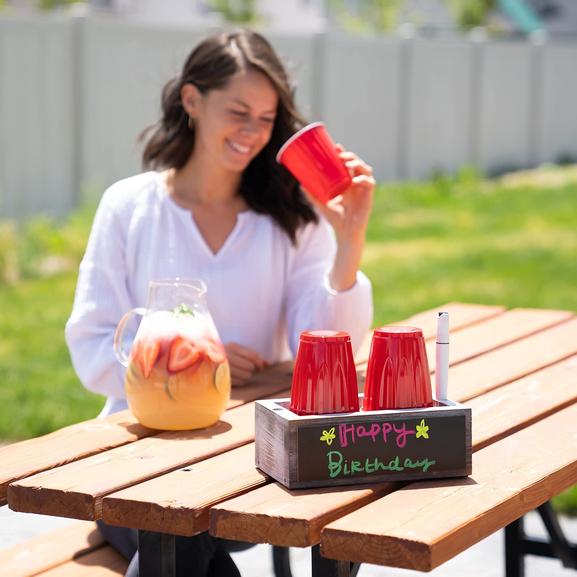 Double Cup Holder with Marker Slot & Chalkboard - Includes 8 Chalk Markers & Drink Labels - Plastic Organizer for Bathroom Cups, Red Party Cups & Disposable Drinkware - Perfect for Home, Office & Party Events