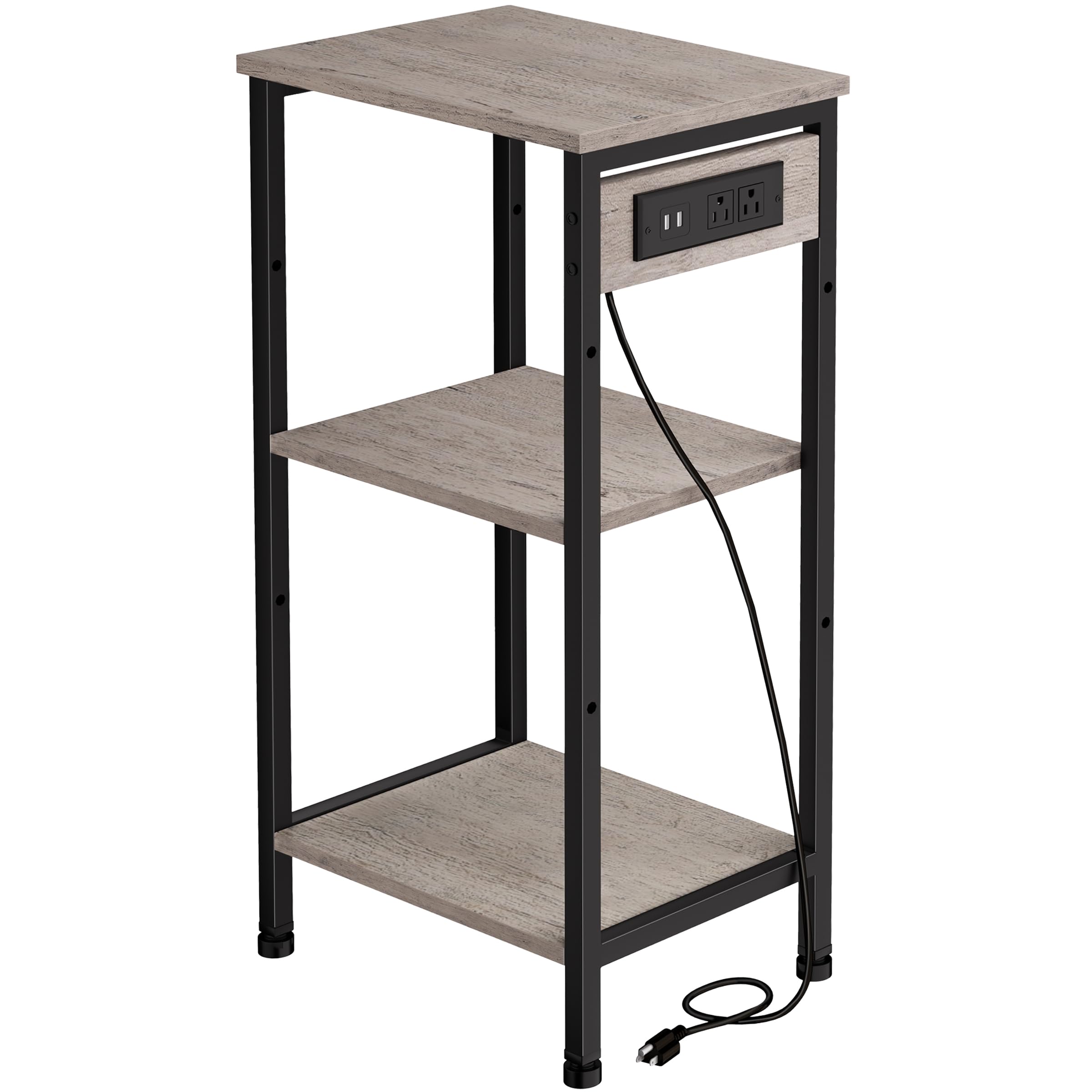 3-Tier Tall End Table with USB Charging Station, Adjustable Shelf & Narrow Design - Nightstand for Bedroom, Side Table for Living Room, Office Desk Organizer - Perfect for Small Spaces & Modern Home Decor (Greige)