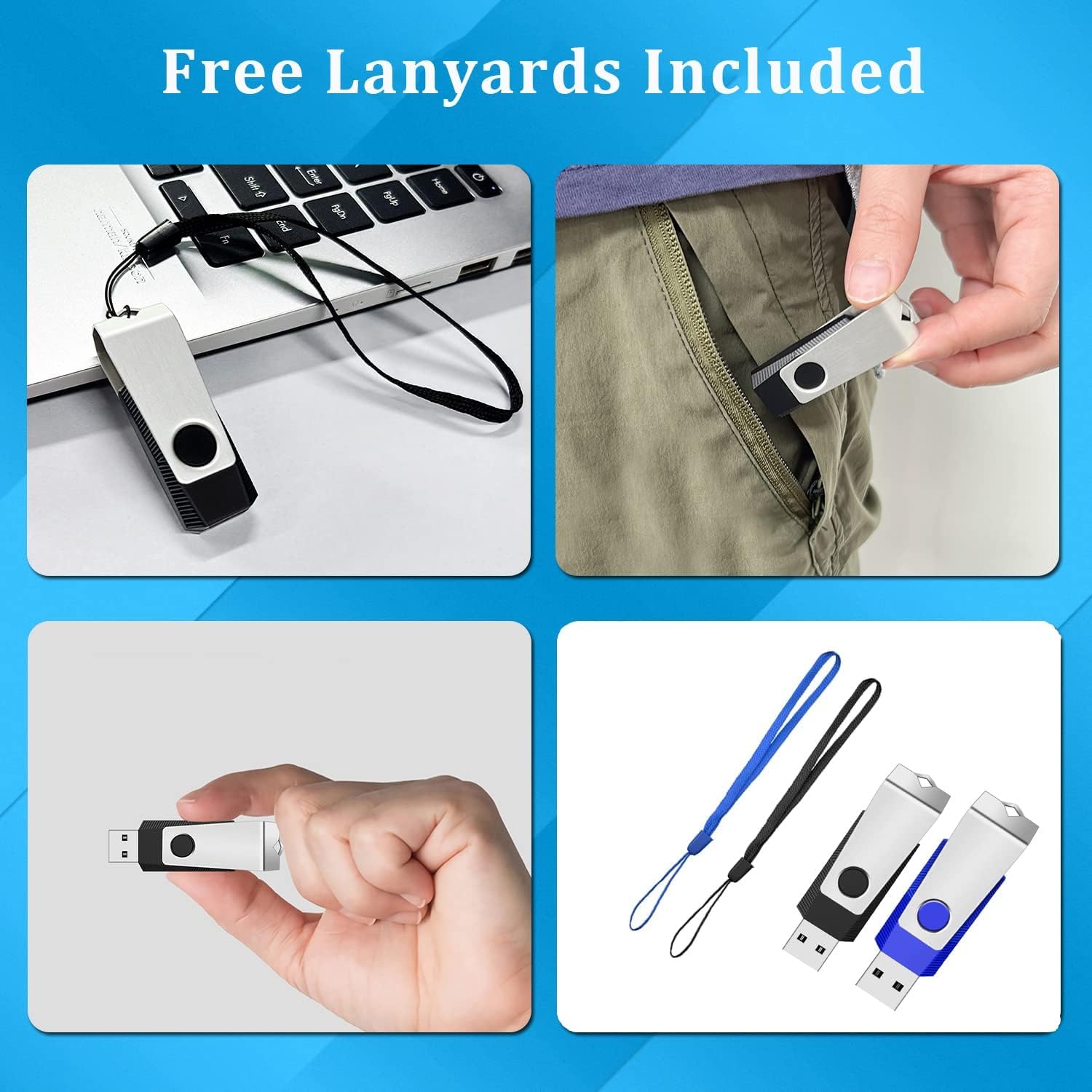 2-Pack 1GB USB 2.0 Flash Drives with LED Light & Lanyard - Black & Blue for Data Storage & Backup