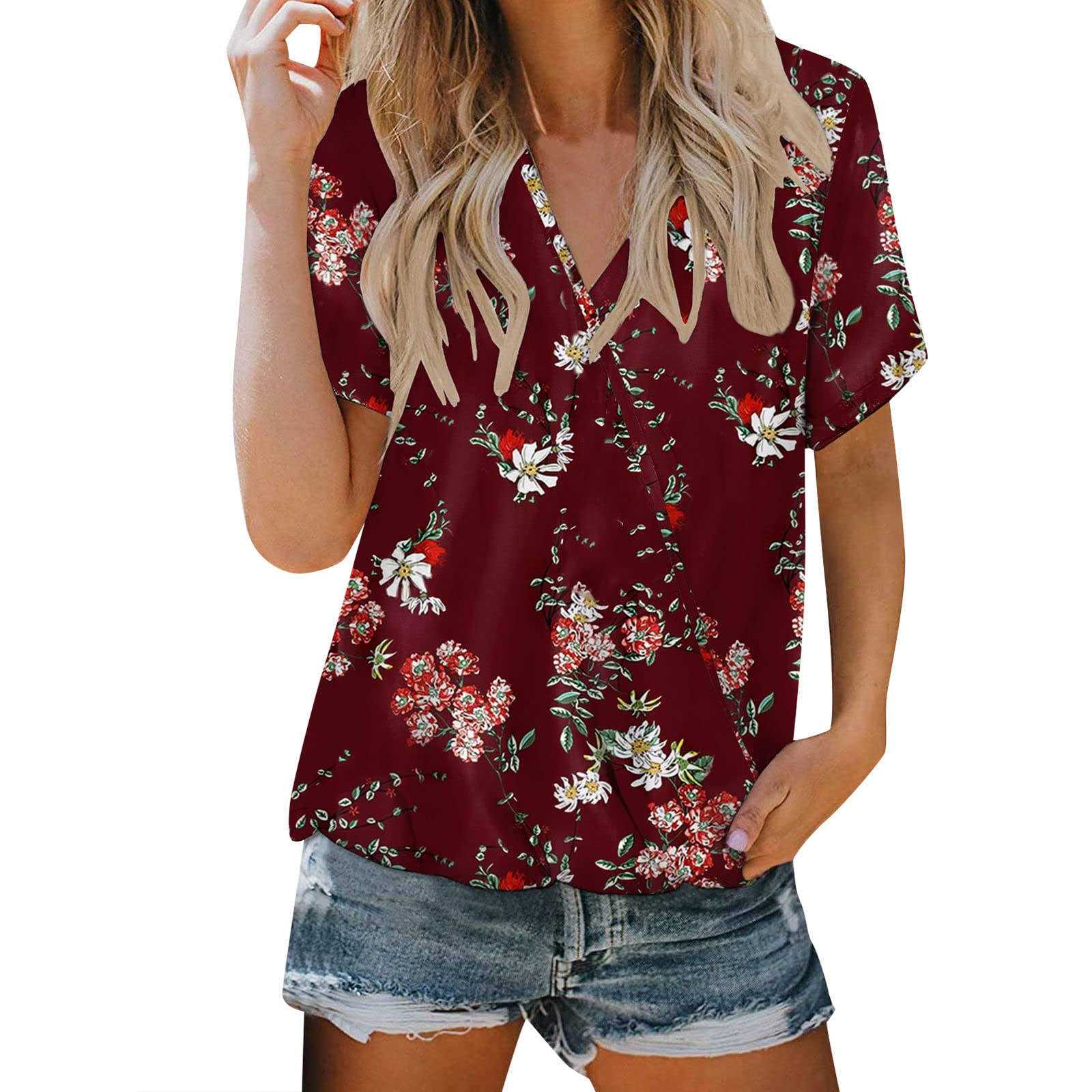 Fankle Women's Summer Wrap Top - V-Neck Floral Printed Chiffon Blouse, Casual Short Sleeve Loose Fit Shirt for Work & Office Wear | Perfect for Summer Outfits, Beach Vacations & Casual Fridays