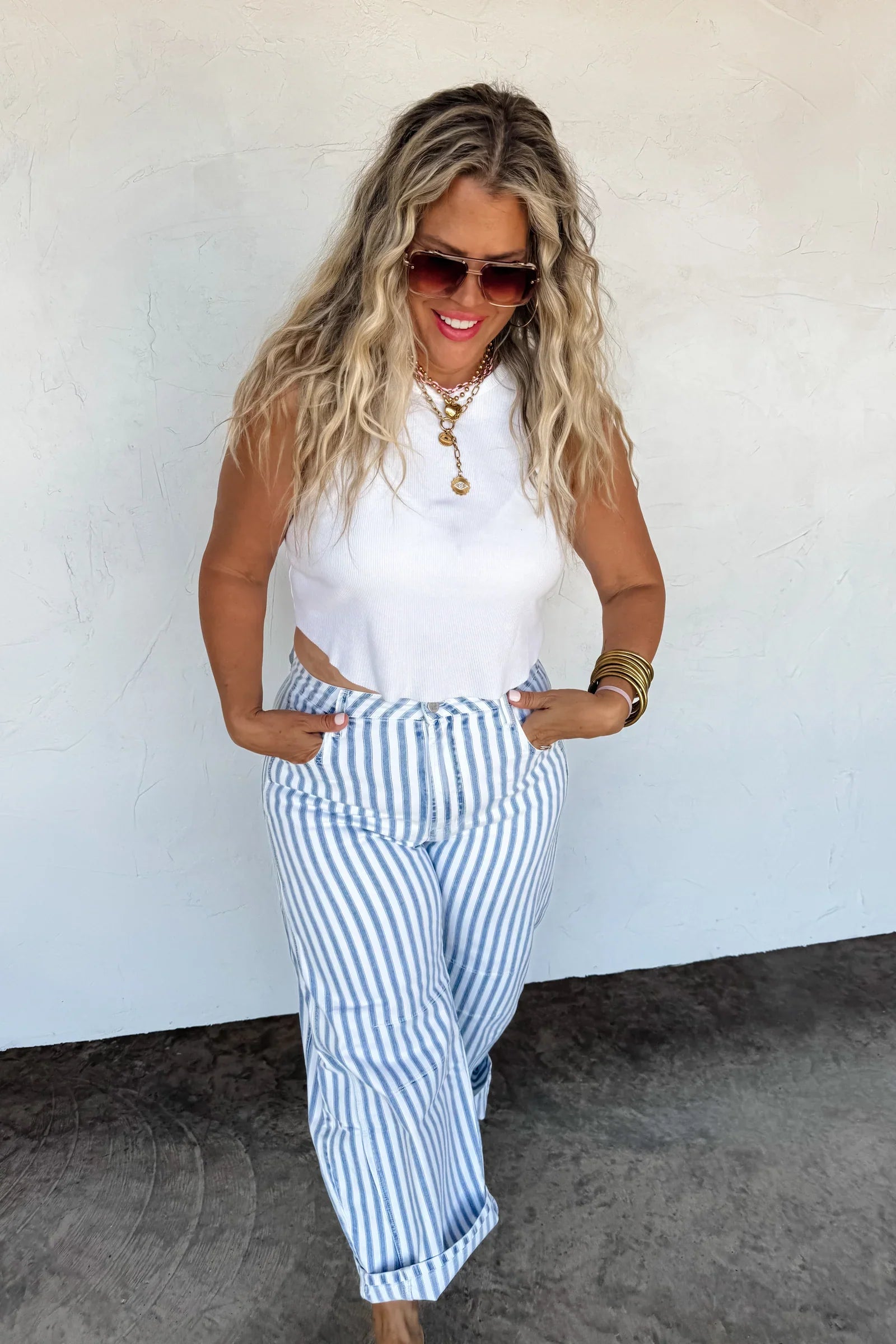 PREORDER: Beachy Stripe Barrel Jeans - Women's High Waisted Distressed Denim Pants for Summer Vacations & Casual Outings