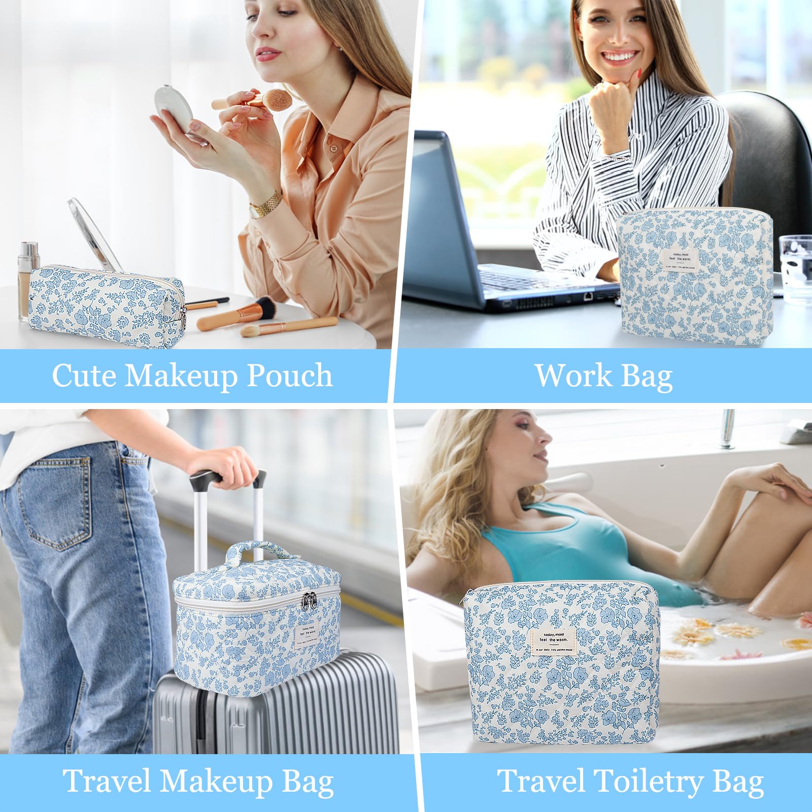 Quilted Floral Makeup Bag for Women - Large Cosmetic Organizer with Cute Cotton Design - Perfect for Travel, Toiletries & Everyday Use