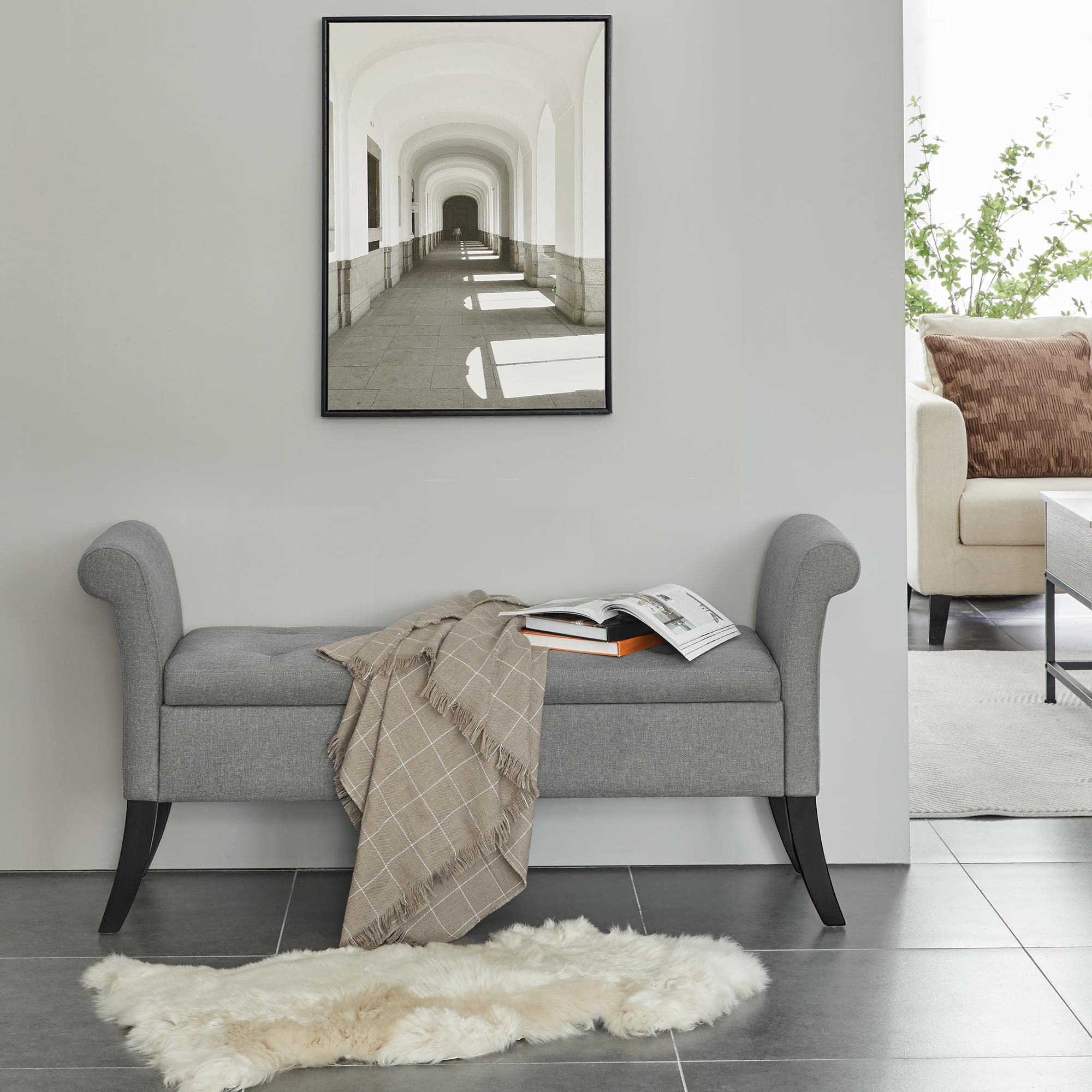 Topeakmart Modern Storage Bench with Rolled Arms - Entryway Ottoman Shoe Storage, Hallway Footrest Footstool with Lid - Light Gray Polyester Upholstered Seat for Living Room, Bedroom & Entryway Organization