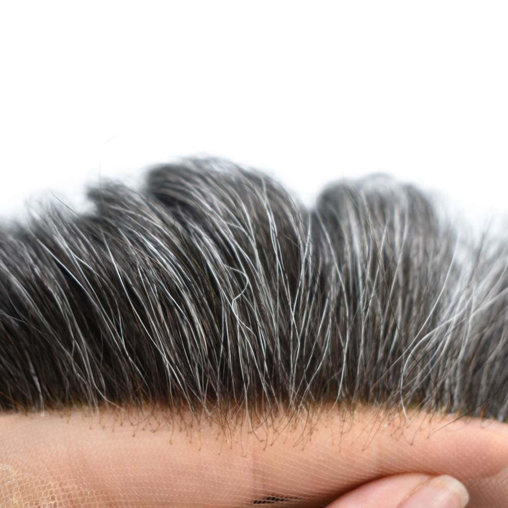 100% European Real Human Hair Toupee for Men - Swiss Lace Front Hair System with Bleached Knots | Dark Brown + 50% Gray | 8x10 Inch | 100% Density | Hair Replacement Solution for Thinning Hair & Baldness | Perfect for Daily Wear, Special Occasions & Professional Settings