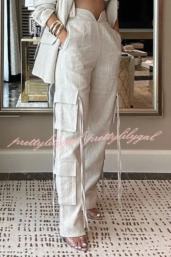 Stylish Women's Lapel Long Sleeve Loose Jacket & Casual Pocket Lace-Up Straight Leg Pants Set - Office Wear & Spring Outfit