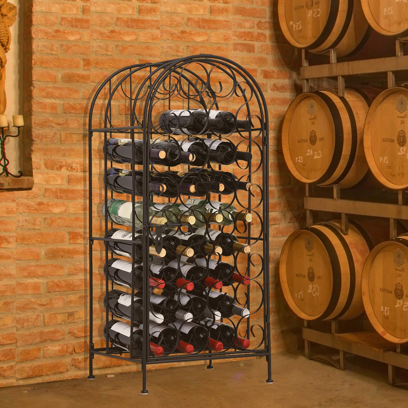 HOMCOM 35 Bottle Black Wrought Iron Wine Rack Cabinet with Lock - Freestanding Wine Storage for Home, Bar, Restaurant, or Cellar Organization