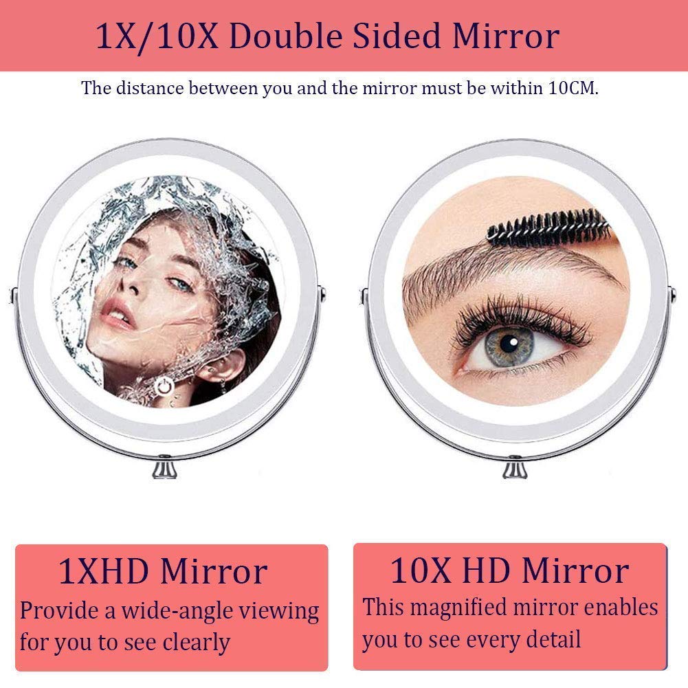10X Magnifying LED Makeup Mirror with Dimmable Lights - Rechargeable Wall Mounted Bathroom Mirror, Touch Screen & Dual Power (USB/AAA Batteries) - Perfect for Makeup Application, Shaving & Skincare Routine