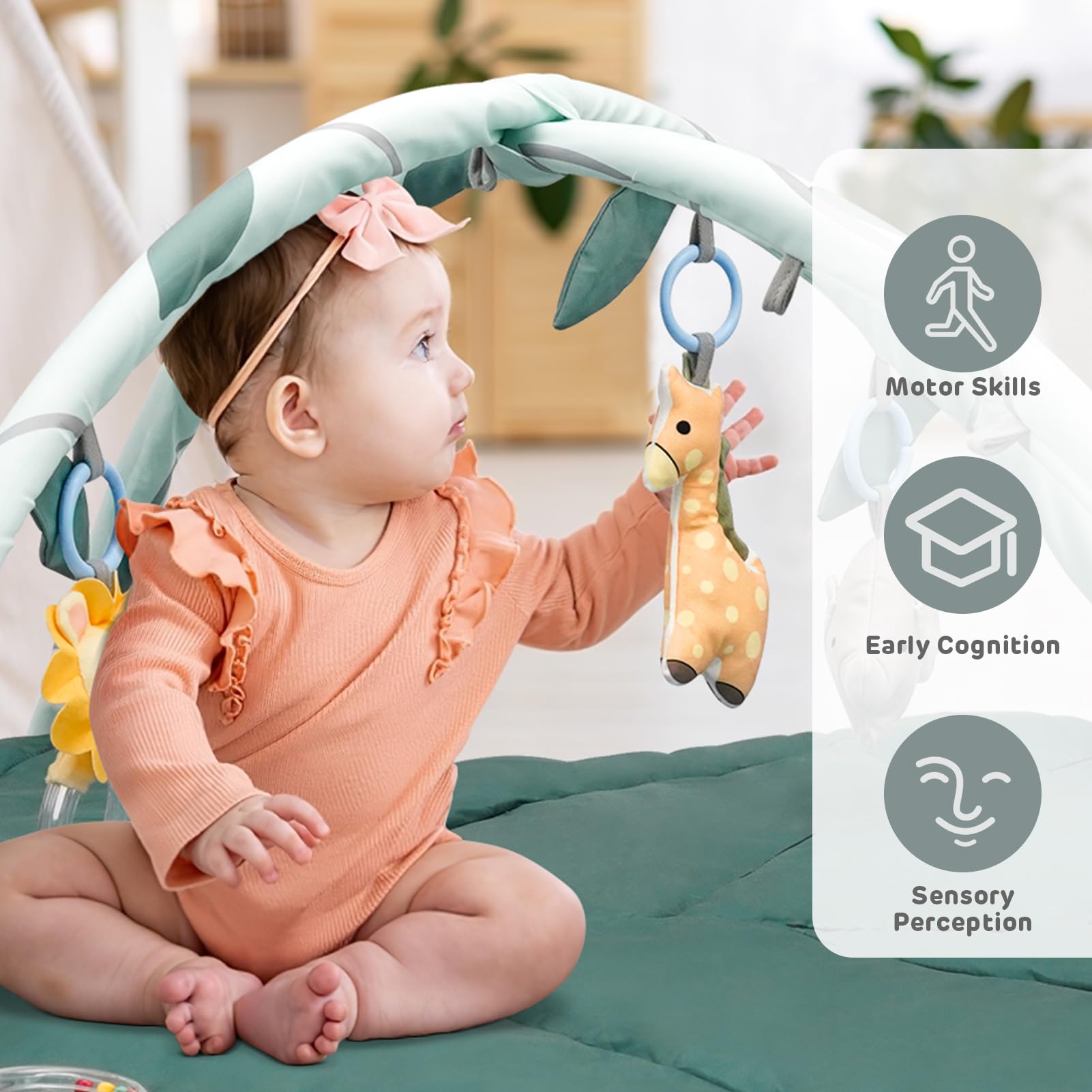 Baby Gym Play Mat - Extra Large Tummy Time Activity Mat for Infants 18+ Months | Sensory Development & Motor Skills Toy with 6 Detachable Accessories | Perfect Newborn Gift for Nursery, Daycare & Playtime