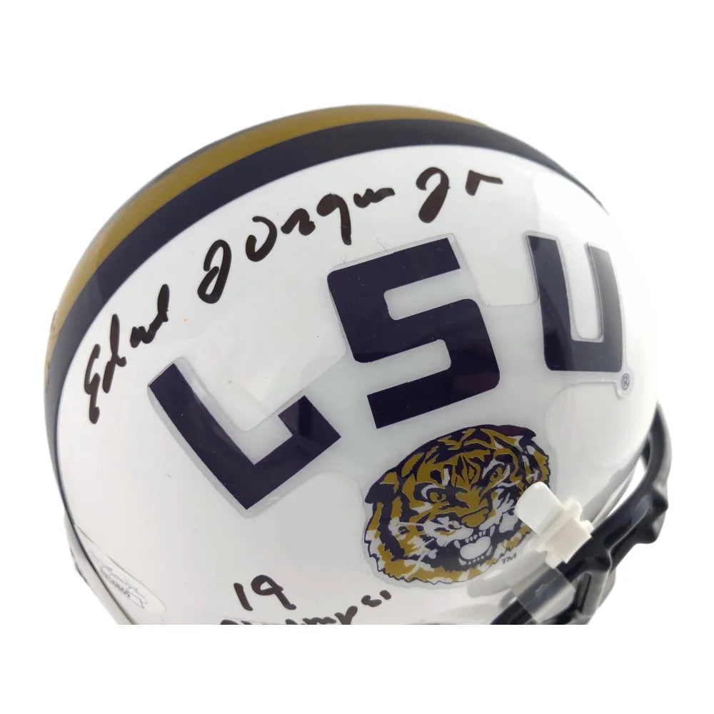 Authentic Ed Orgeron Signed LSU White Mini Helmet with '19 Champs' Inscription & JSA COA - Perfect for LSU Tigers Fans, Sports Memorabilia Collectors, and Football Enthusiasts